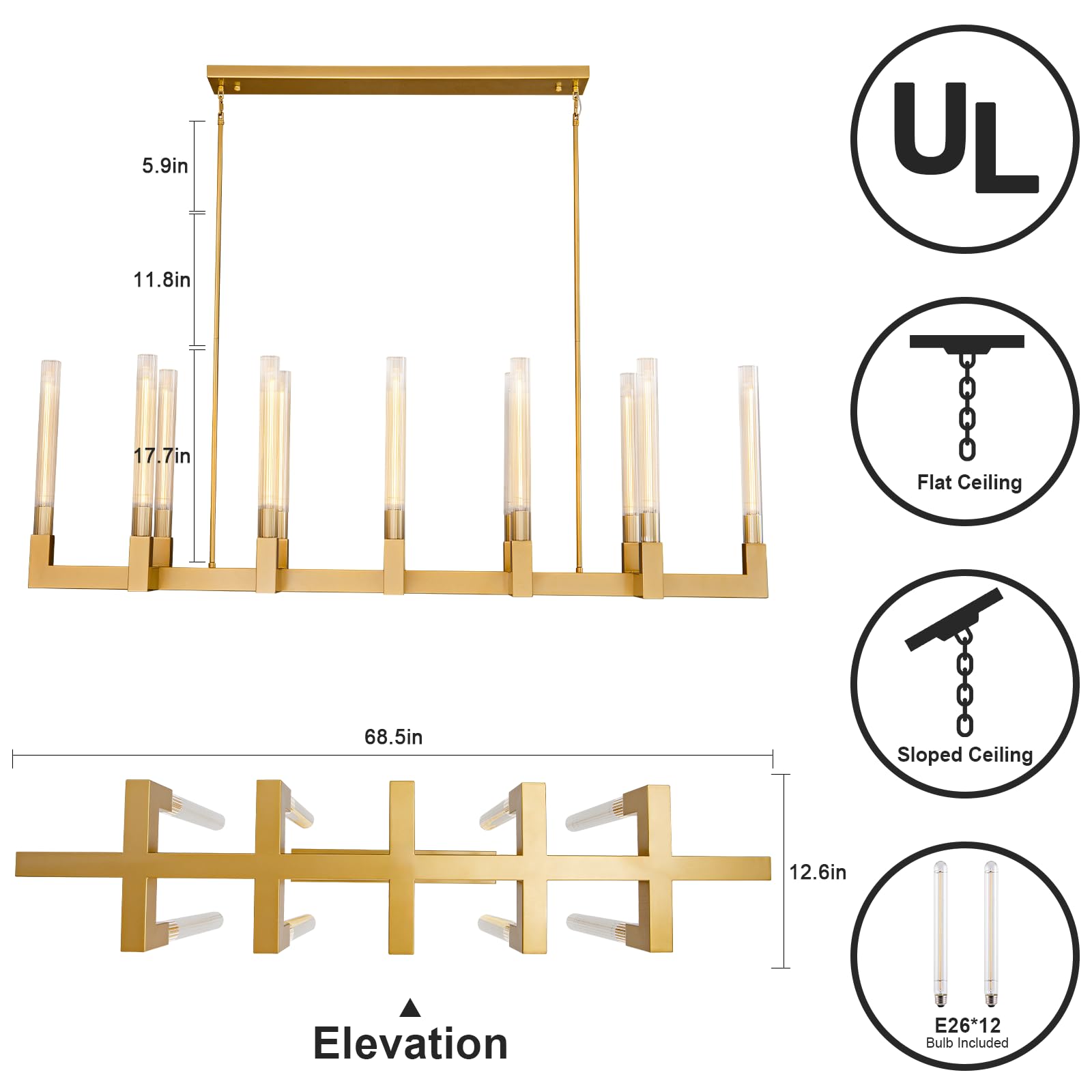 Farmhouse Chandelier with Glass Tube, Gold 12 - Lights Modern Chandeliers Over Table 54''Rectangular Luxurious Large Ceiling Pendant Lighting Fixture for Dining Living Room, Foyer - Camilalamps - B0CR4798R4