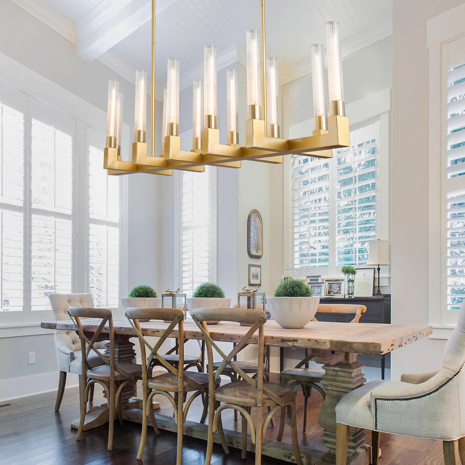 Farmhouse Chandelier with Glass Tube, Gold 12 - Lights Modern Chandeliers Over Table 54''Rectangular Luxurious Large Ceiling Pendant Lighting Fixture for Dining Living Room, Foyer - Camilalamps - B0CR4798R4