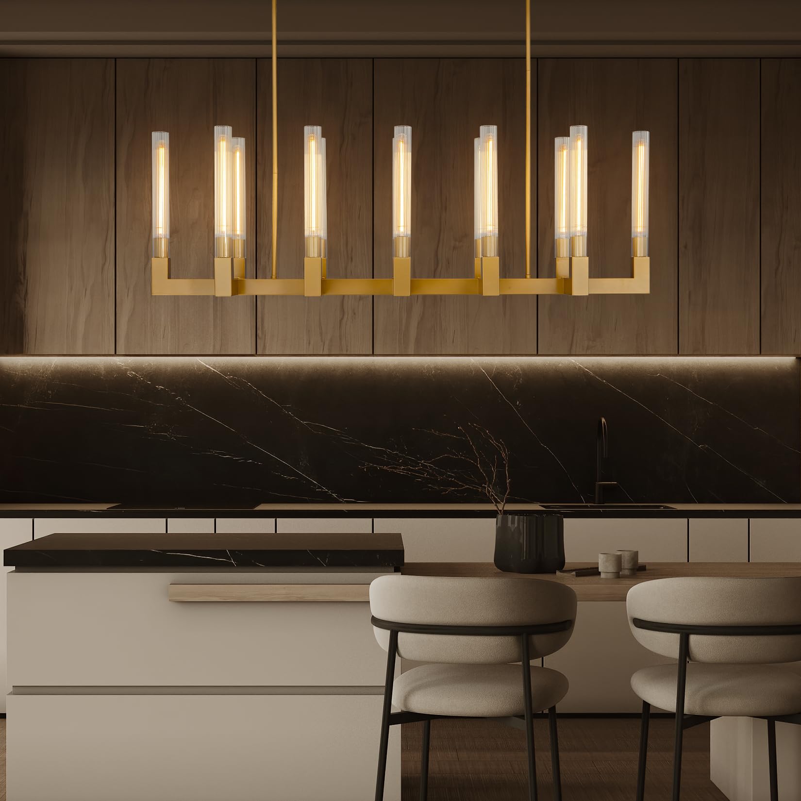 Farmhouse Chandelier with Glass Tube, Gold 12 - Lights Modern Chandeliers Over Table 54''Rectangular Luxurious Large Ceiling Pendant Lighting Fixture for Dining Living Room, Foyer - Camilalamps - B0CR4798R4