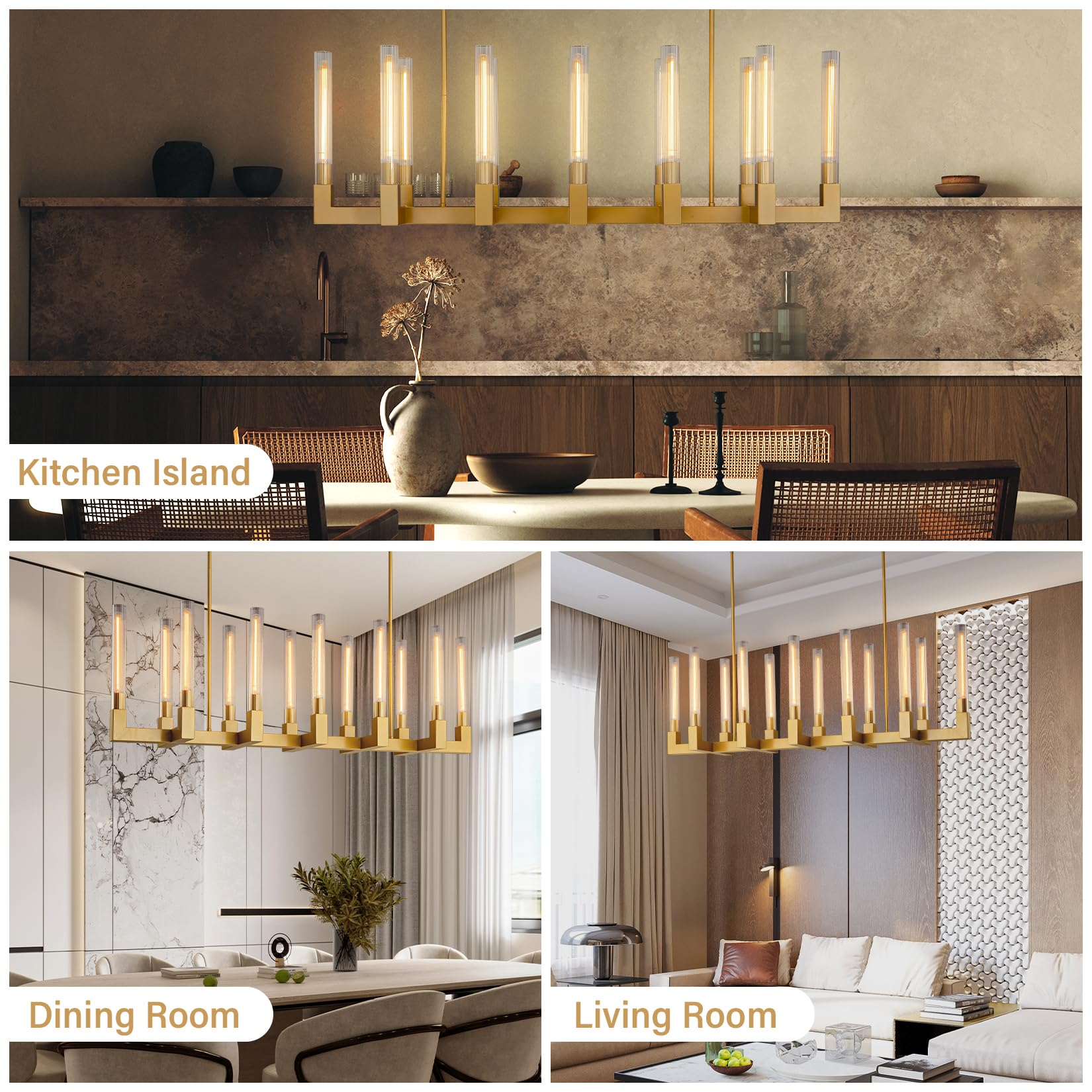Farmhouse Chandelier with Glass Tube, Gold 12 - Lights Modern Chandeliers Over Table 54''Rectangular Luxurious Large Ceiling Pendant Lighting Fixture for Dining Living Room, Foyer - Camilalamps - B0CR4798R4