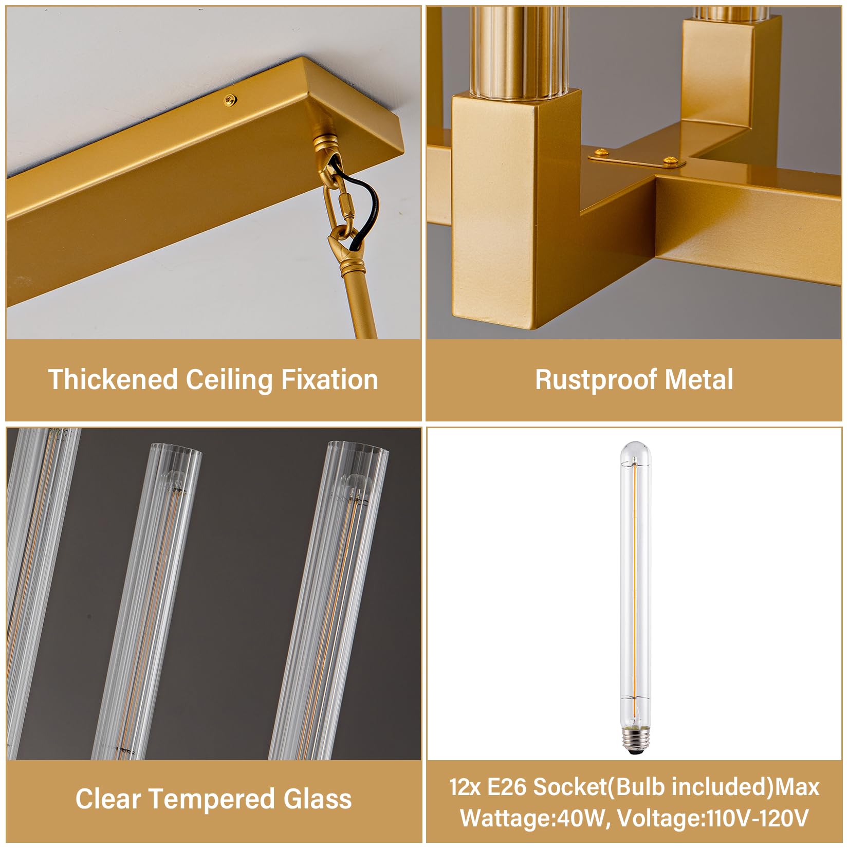 Farmhouse Chandelier with Glass Tube, Gold 12 - Lights Modern Chandeliers Over Table 54''Rectangular Luxurious Large Ceiling Pendant Lighting Fixture for Dining Living Room, Foyer - Camilalamps - B0CR4798R4