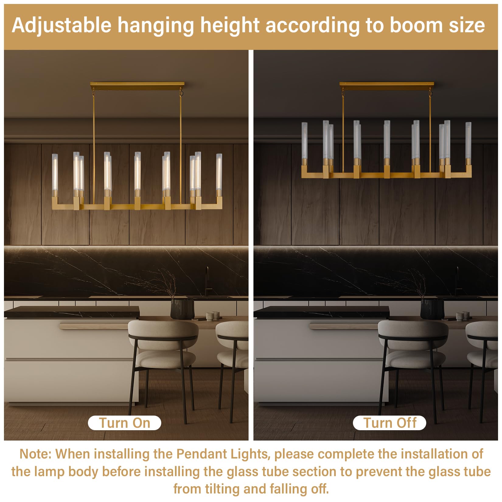 Farmhouse Chandelier with Glass Tube, Gold 12 - Lights Modern Chandeliers Over Table 54''Rectangular Luxurious Large Ceiling Pendant Lighting Fixture for Dining Living Room, Foyer - Camilalamps - B0CR4798R4