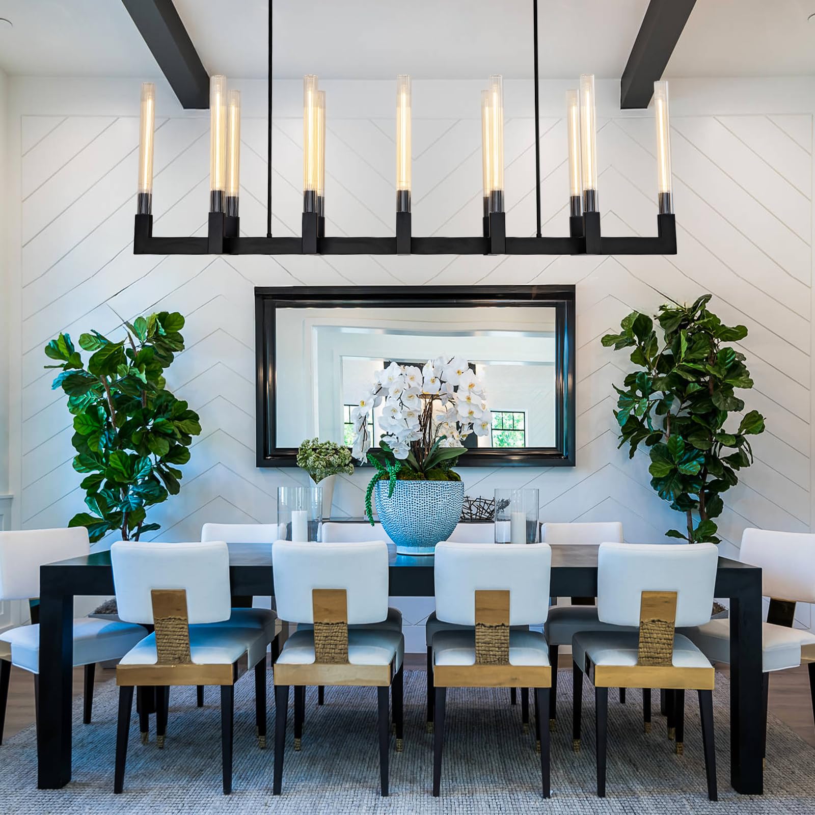 Farmhouse Chandelier with Glass Tube, Gold 12 - Lights Modern Chandeliers Over Table 54''Rectangular Luxurious Large Ceiling Pendant Lighting Fixture for Dining Living Room, Foyer - Camilalamps - B0CR4798R4