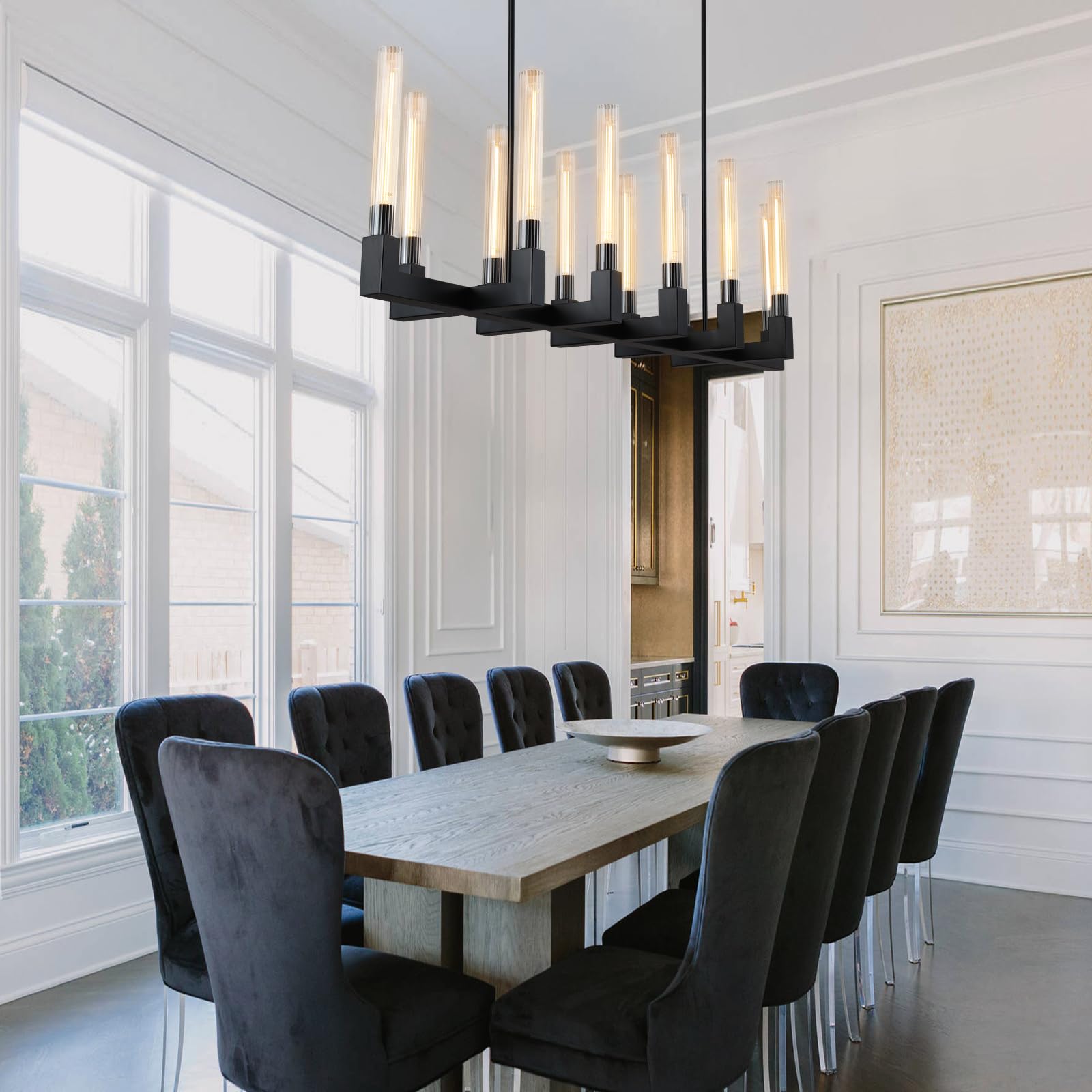 Farmhouse Chandelier with Glass Tube, Gold 12 - Lights Modern Chandeliers Over Table 54''Rectangular Luxurious Large Ceiling Pendant Lighting Fixture for Dining Living Room, Foyer - Camilalamps - B0CR4798R4