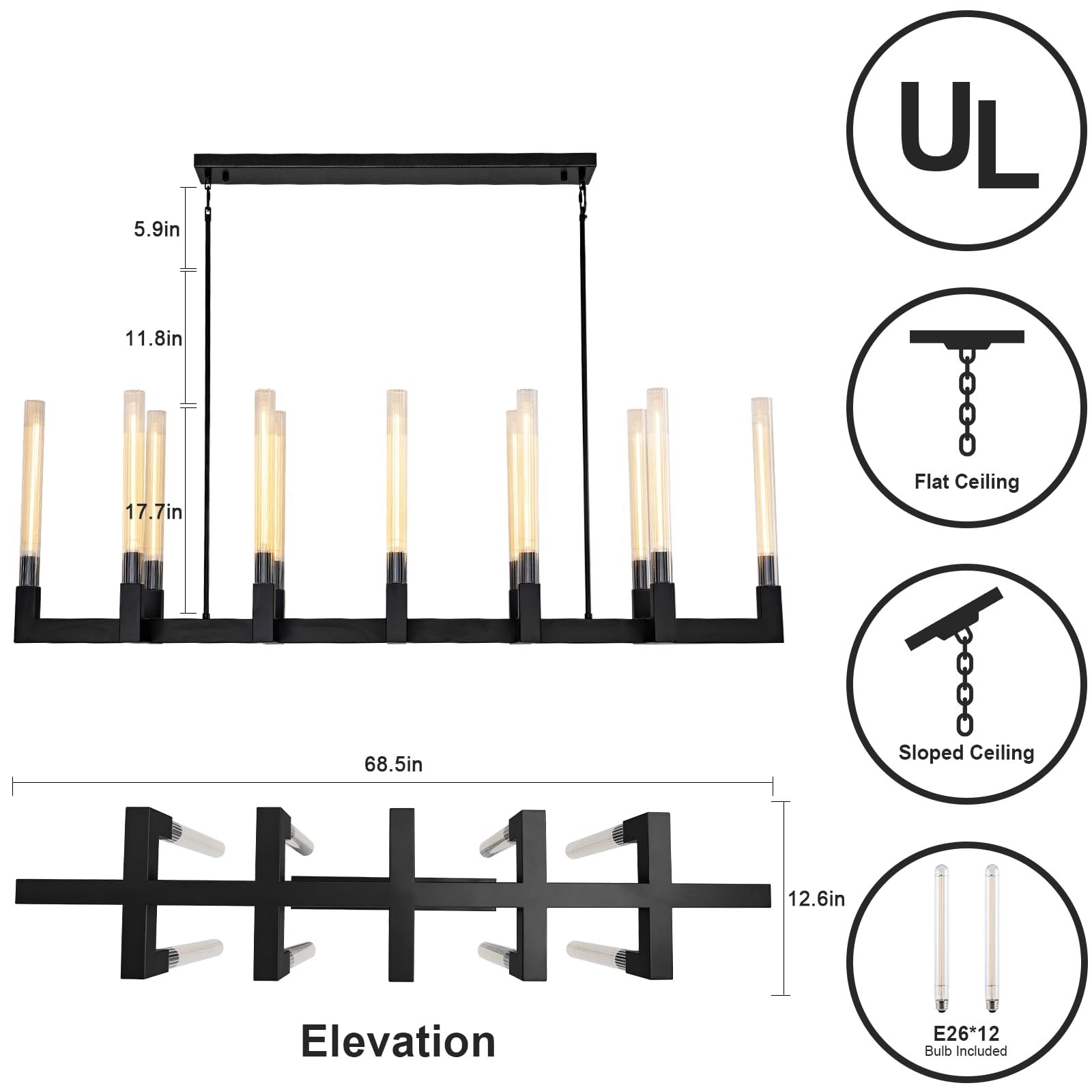 Farmhouse Chandelier with Glass Tube, Gold 12 - Lights Modern Chandeliers Over Table 54''Rectangular Luxurious Large Ceiling Pendant Lighting Fixture for Dining Living Room, Foyer - Camilalamps - B0CR4798R4