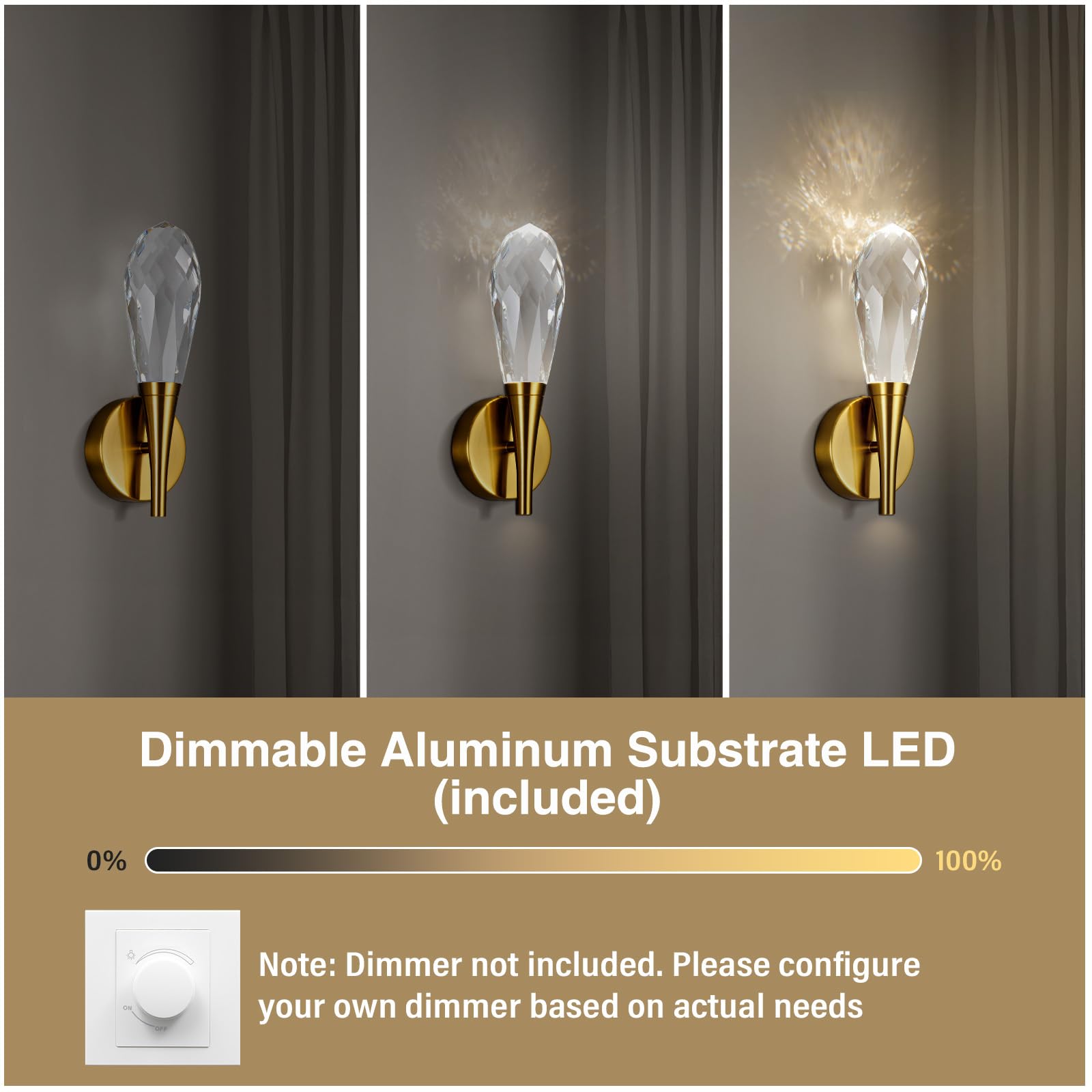 Gold Sconces Wall Lighting - Crystal Wall Sconces, Modern Bathroom Vanity Mirror Light, Dimmable LED Wall Sconce Light for Hallway, Living Room, Bedroom (Gold, 2PC) - Camilalamps - B0DRY76BNM