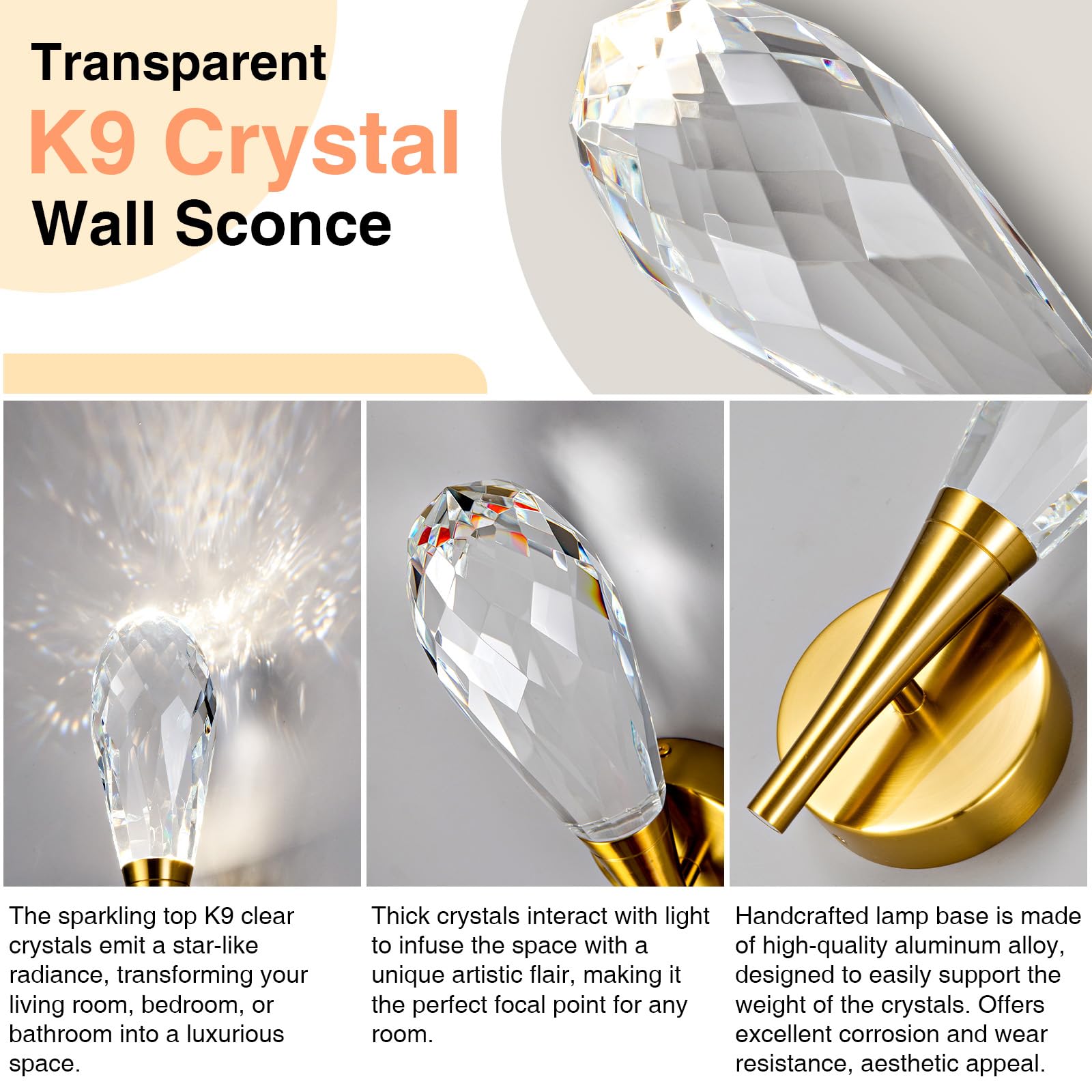 Gold Sconces Wall Lighting - Crystal Wall Sconces, Modern Bathroom Vanity Mirror Light, Dimmable LED Wall Sconce Light for Hallway, Living Room, Bedroom (Gold, 2PC) - Camilalamps - B0DRY76BNM