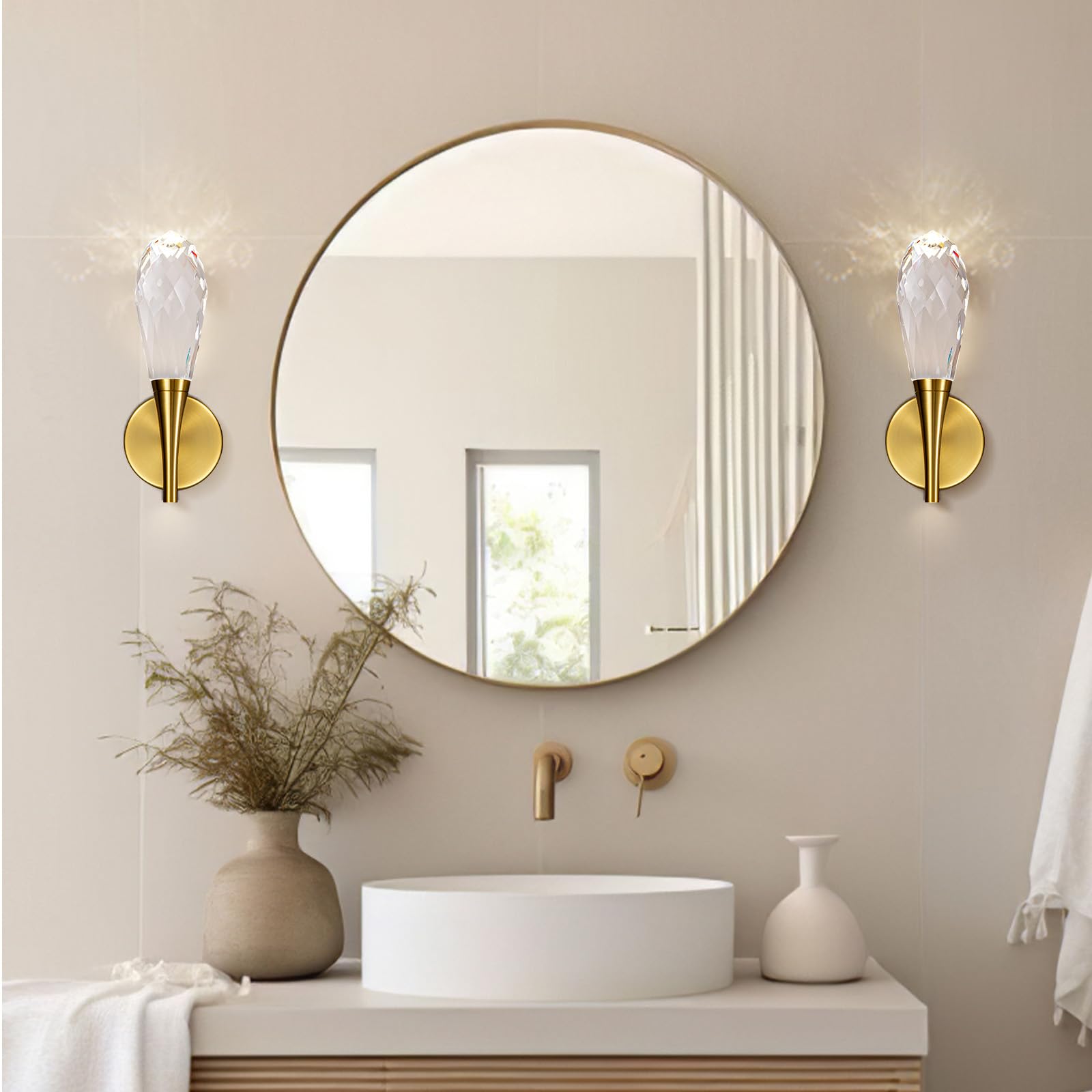 Gold Sconces Wall Lighting - Crystal Wall Sconces, Modern Bathroom Vanity Mirror Light, Dimmable LED Wall Sconce Light for Hallway, Living Room, Bedroom (Gold, 2PC) - Camilalamps - B0DRY76BNM