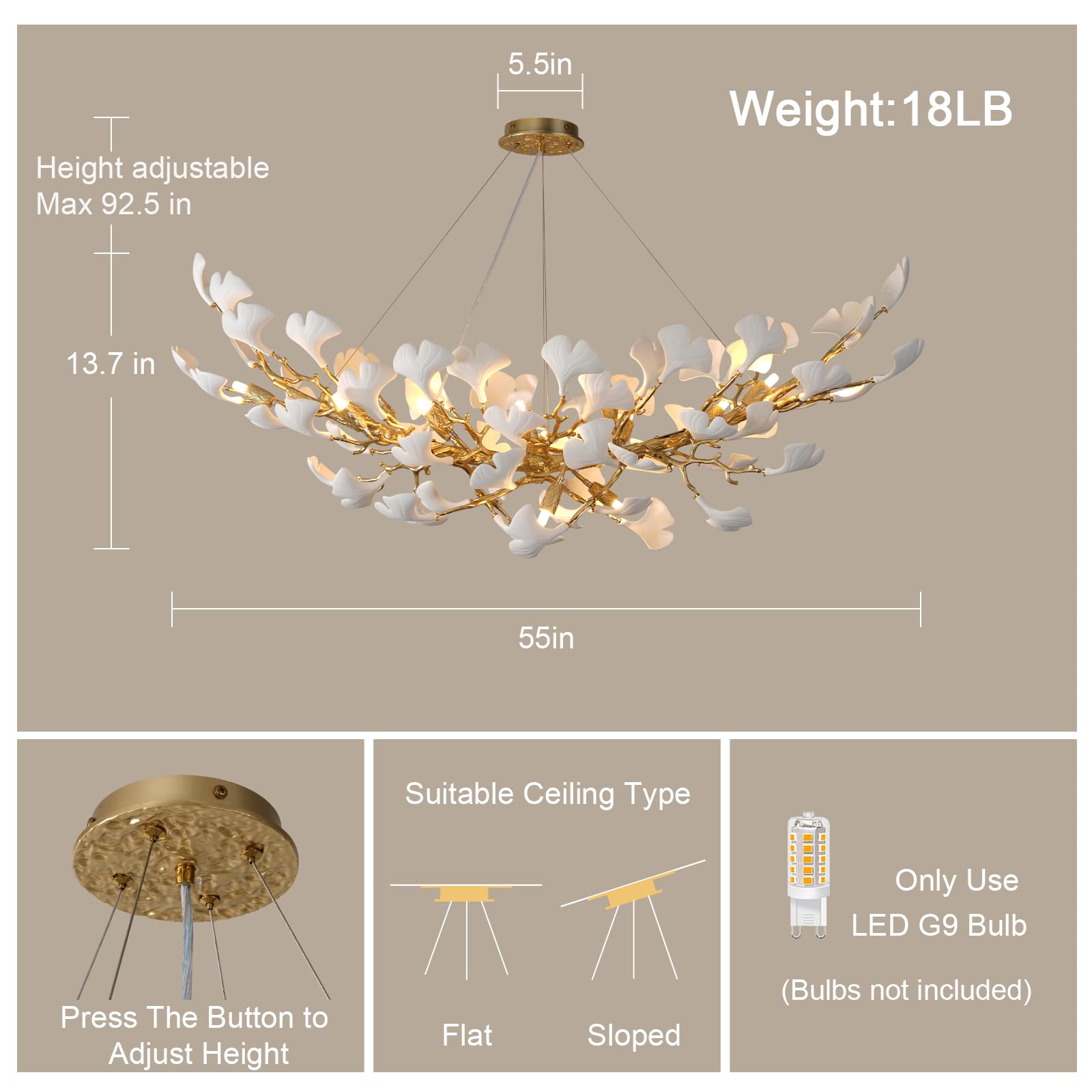 Gold Tree Branches Chandeliers for Dining Room, Sputnik Chandelier, 23.6''Modern Rounde Ceramic Ginkgo Leaf Chandelier, Dining Room Chandelier Over Table, for Living, Foyer, Kitchen, Bathroom, Bedroom - Camilalamps - B0FKB8Z415