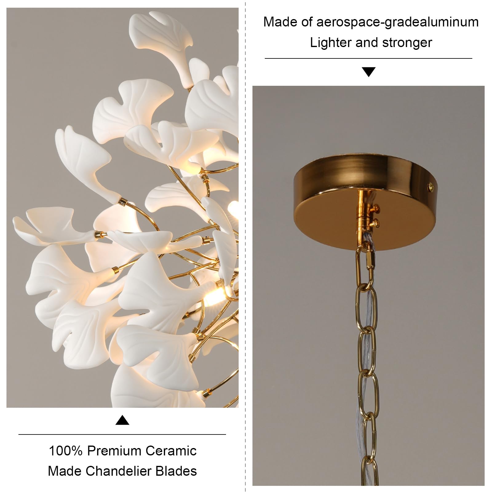 Gold Tree Branches Chandeliers for Dining Room, Sputnik Chandelier, 23.6''Modern Rounde Ceramic Ginkgo Leaf Chandelier, Dining Room Chandelier Over Table, for Living, Foyer, Kitchen, Bathroom, Bedroom - Camilalamps - B0FKB8Z415