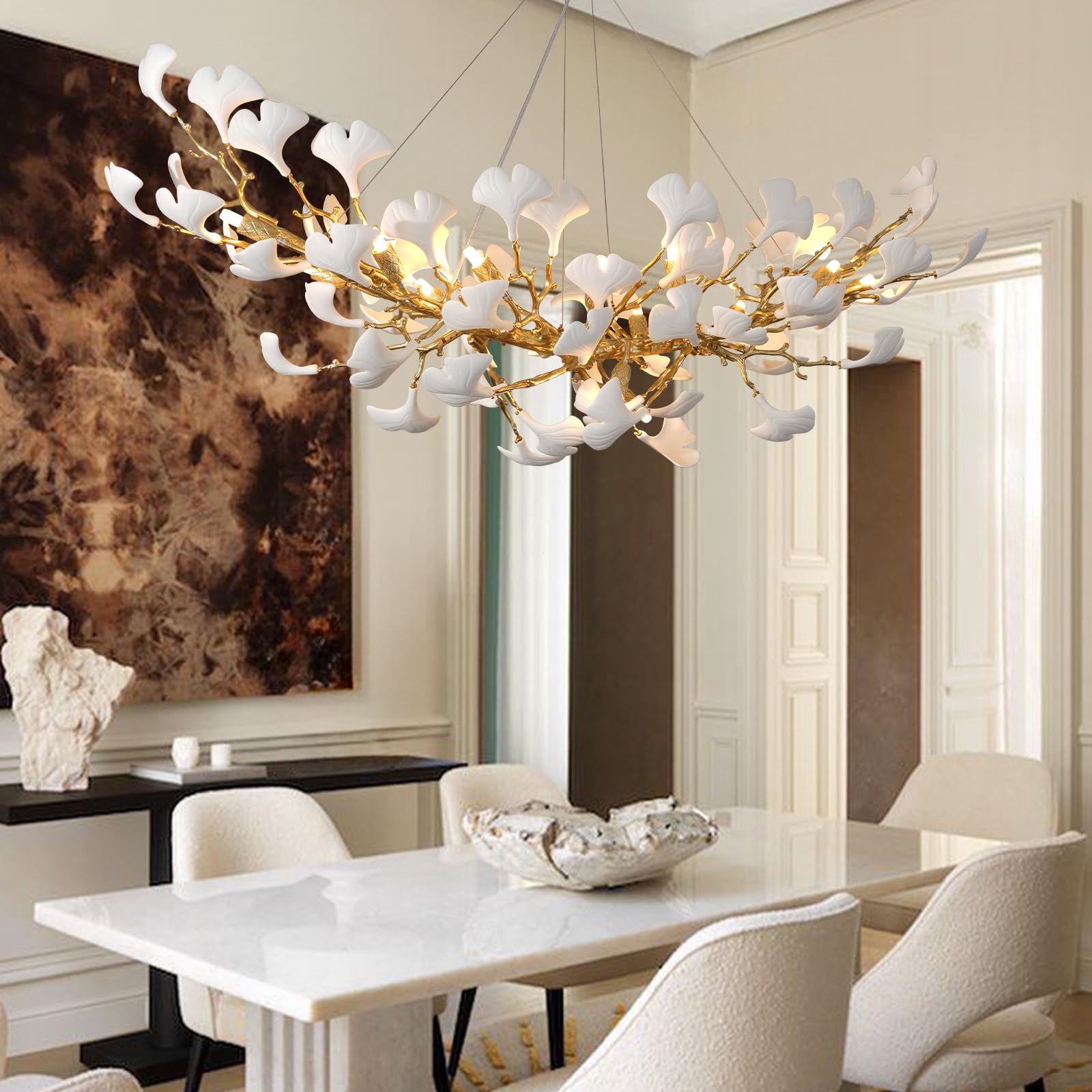 Gold Tree Branches Chandeliers for Dining Room, Sputnik Chandelier, 23.6''Modern Rounde Ceramic Ginkgo Leaf Chandelier, Dining Room Chandelier Over Table, for Living, Foyer, Kitchen, Bathroom, Bedroom - Camilalamps - B0FKB8Z415