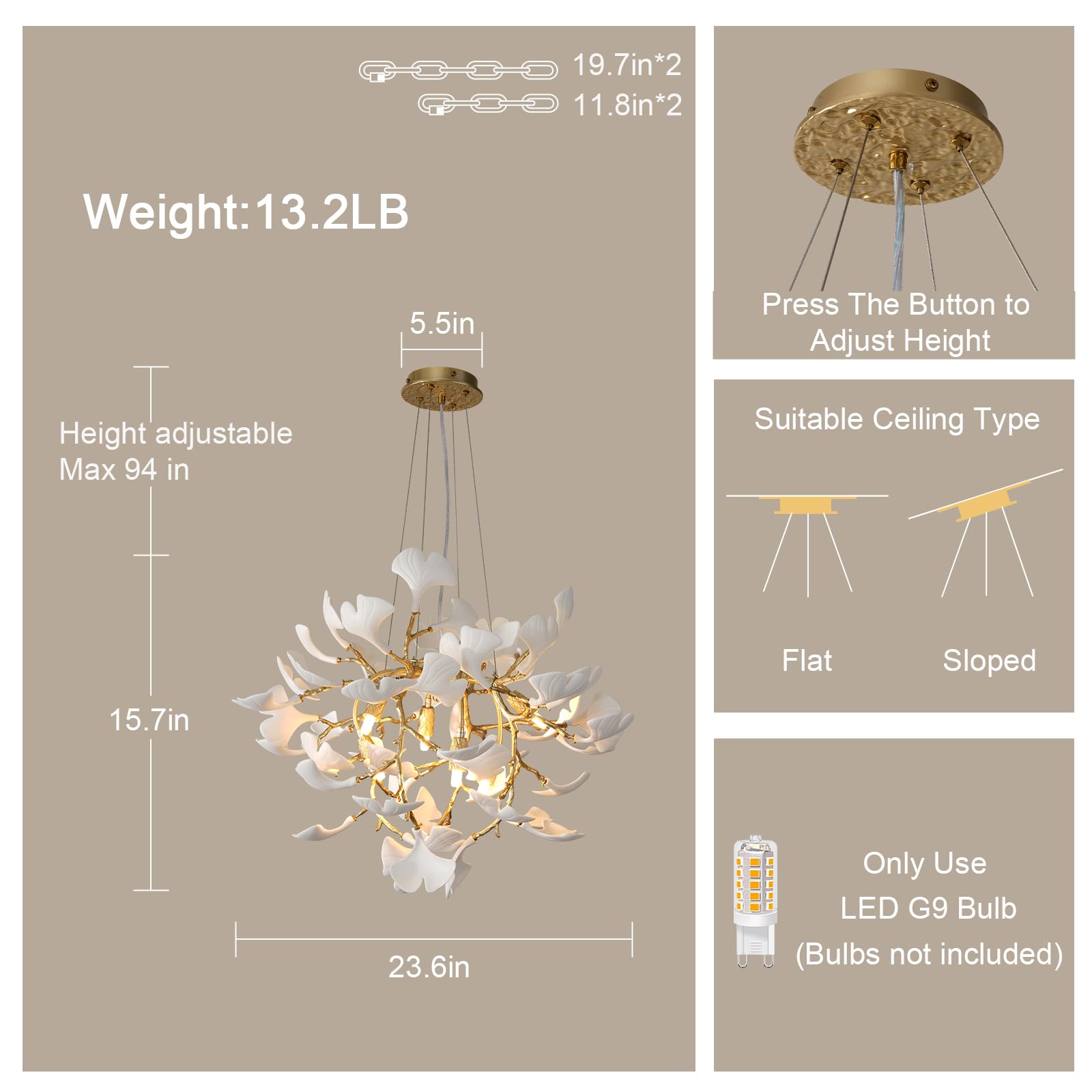 Gold Tree Branches Chandeliers for Dining Room, Sputnik Chandelier, 23.6''Modern Rounde Ceramic Ginkgo Leaf Chandelier, Dining Room Chandelier Over Table, for Living, Foyer, Kitchen, Bathroom, Bedroom - Camilalamps - B0FKB8Z415