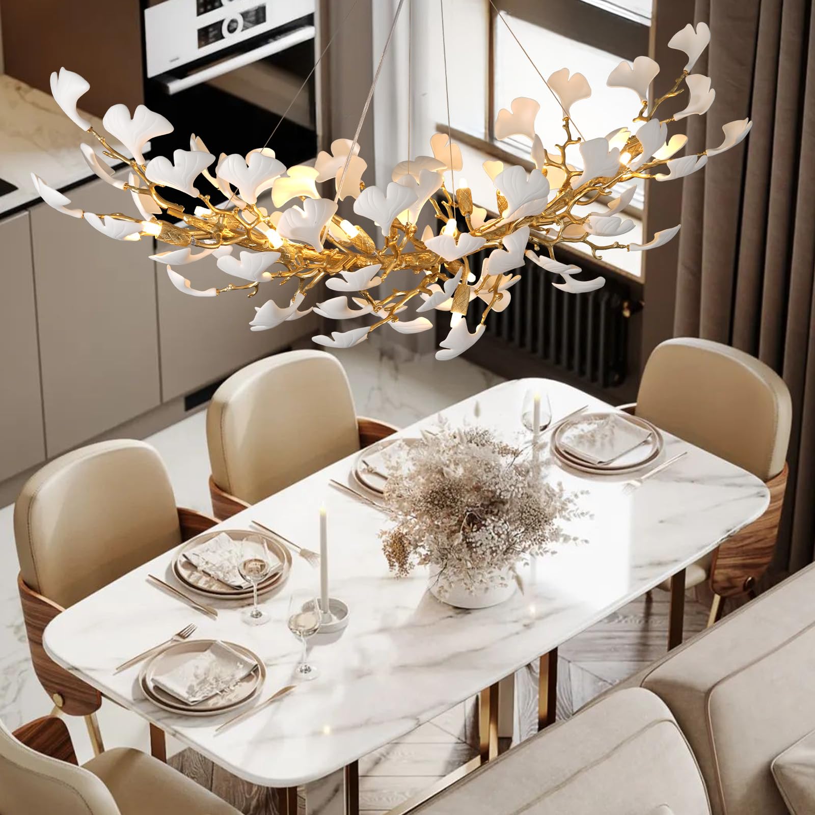 Gold Tree Branches Chandeliers for Dining Room, Sputnik Chandelier, 23.6''Modern Rounde Ceramic Ginkgo Leaf Chandelier, Dining Room Chandelier Over Table, for Living, Foyer, Kitchen, Bathroom, Bedroom - Camilalamps - B0FKB8Z415