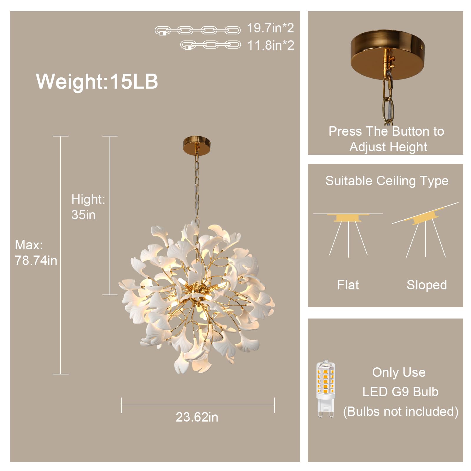 Gold Tree Branches Chandeliers for Dining Room, Sputnik Chandelier, 23.6''Modern Rounde Ceramic Ginkgo Leaf Chandelier, Dining Room Chandelier Over Table, for Living, Foyer, Kitchen, Bathroom, Bedroom - Camilalamps - B0FKB8Z415