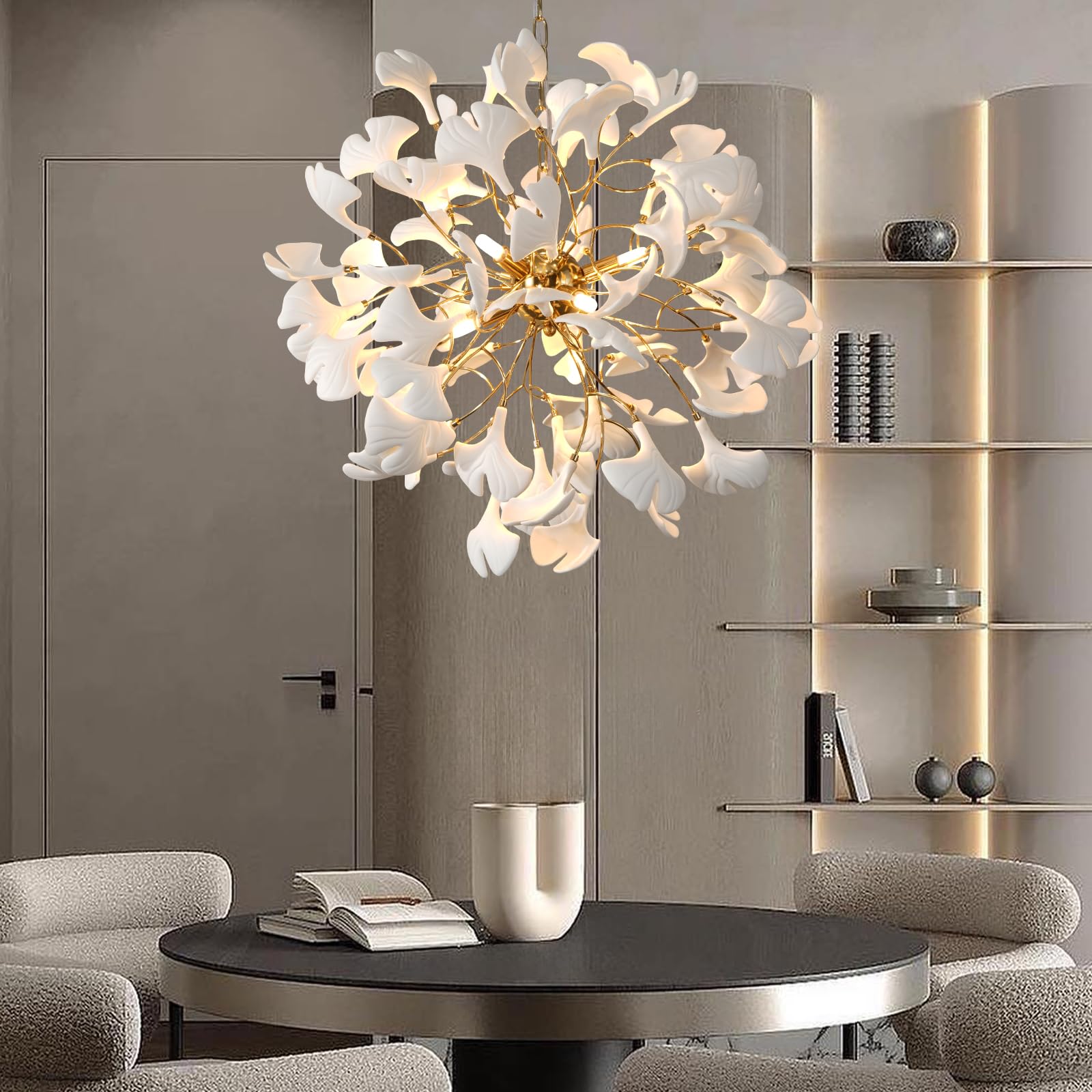 Gold Tree Branches Chandeliers for Dining Room, Sputnik Chandelier, 23.6''Modern Rounde Ceramic Ginkgo Leaf Chandelier, Dining Room Chandelier Over Table, for Living, Foyer, Kitchen, Bathroom, Bedroom - Camilalamps - B0FKB8Z415