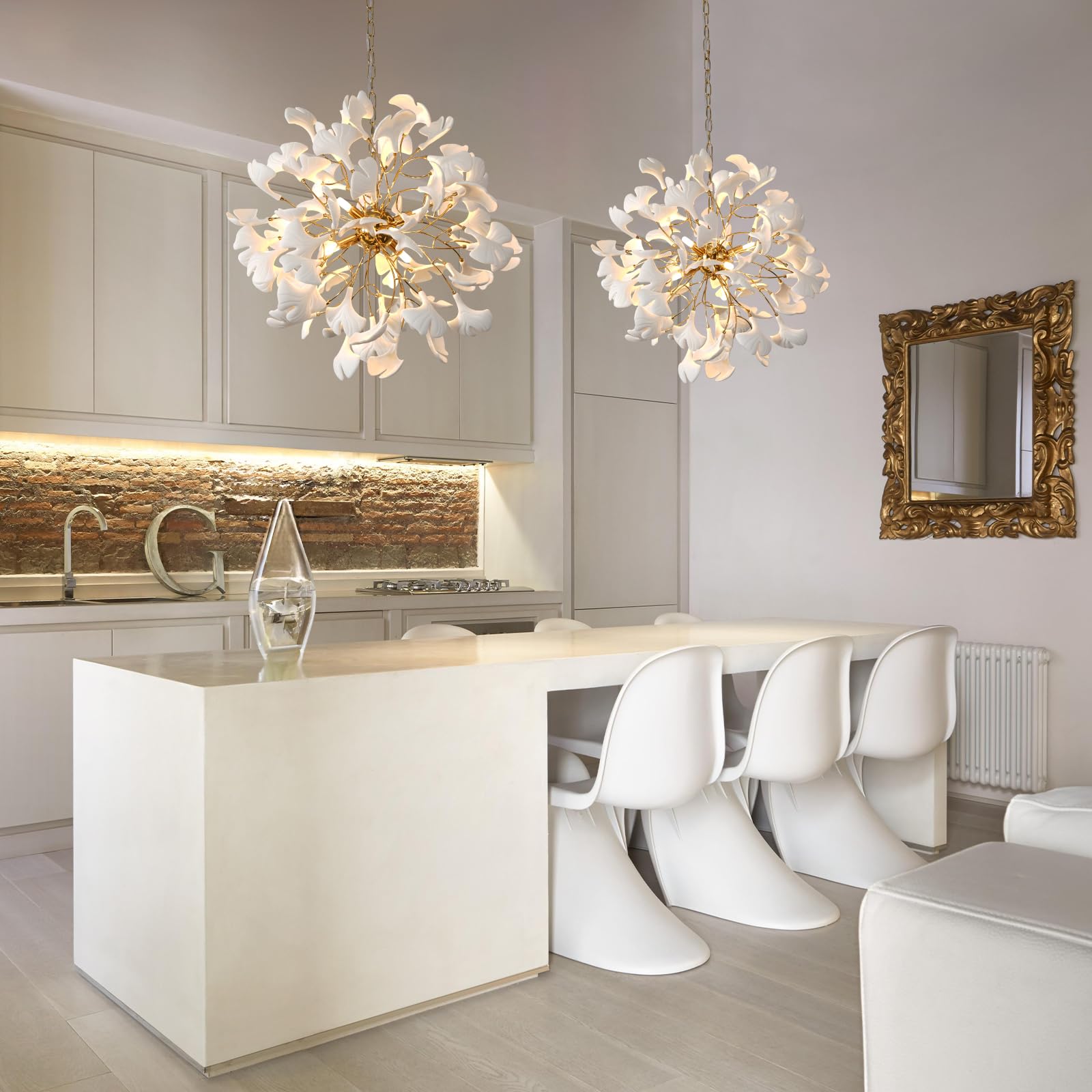 Gold Tree Branches Chandeliers for Dining Room, Sputnik Chandelier, 23.6''Modern Rounde Ceramic Ginkgo Leaf Chandelier, Dining Room Chandelier Over Table, for Living, Foyer, Kitchen, Bathroom, Bedroom - Camilalamps - B0FKB8Z415