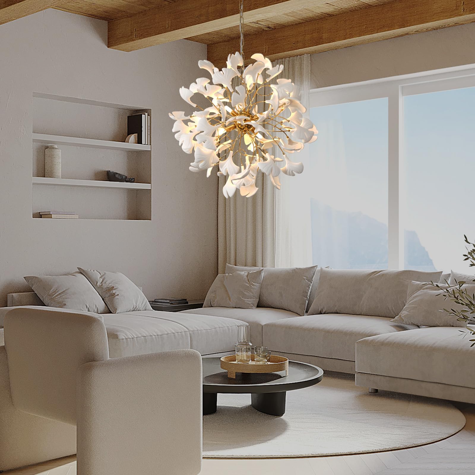 Gold Tree Branches Chandeliers for Dining Room, Sputnik Chandelier, 23.6''Modern Rounde Ceramic Ginkgo Leaf Chandelier, Dining Room Chandelier Over Table, for Living, Foyer, Kitchen, Bathroom, Bedroom - Camilalamps - B0FKB8Z415