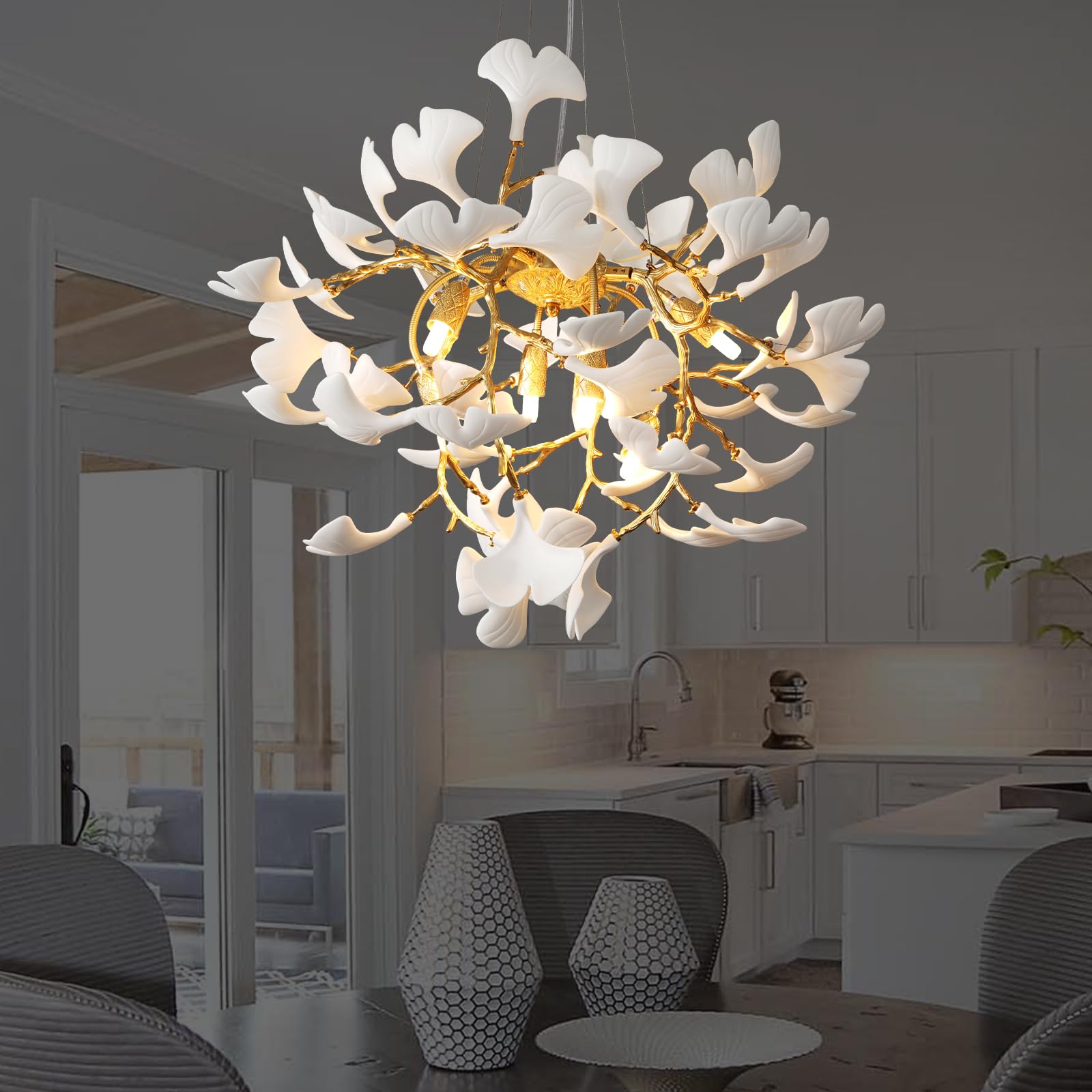 Gold Tree Branches Chandeliers for Dining Room, Sputnik Chandelier, 23.6''Modern Rounde Ceramic Ginkgo Leaf Chandelier, Dining Room Chandelier Over Table, for Living, Foyer, Kitchen, Bathroom, Bedroom - Camilalamps - B0FKB8Z415