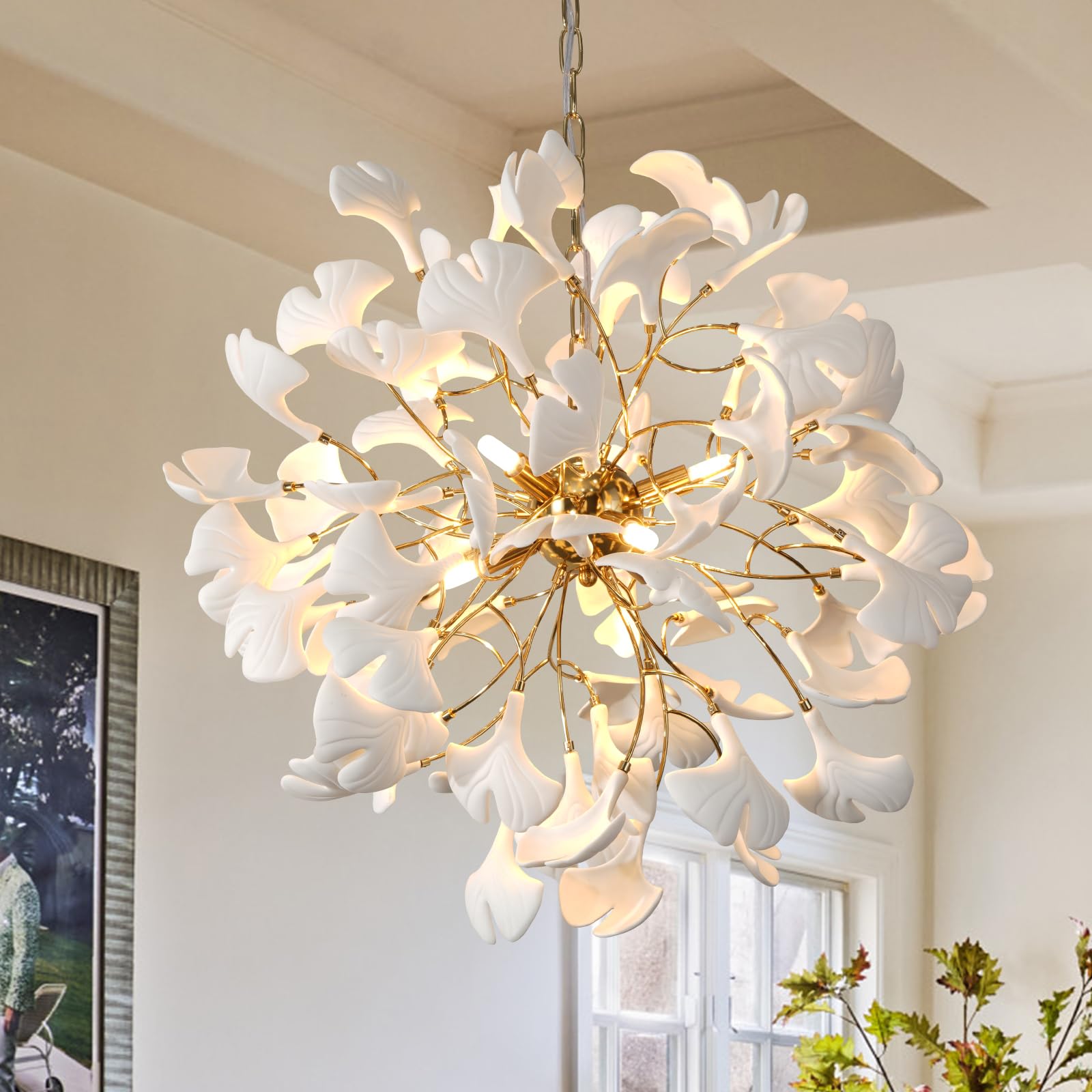Gold Tree Branches Chandeliers for Dining Room, Sputnik Chandelier, 23.6''Modern Rounde Ceramic Ginkgo Leaf Chandelier, Dining Room Chandelier Over Table, for Living, Foyer, Kitchen, Bathroom, Bedroom - Camilalamps - B0FKBJJZ2P