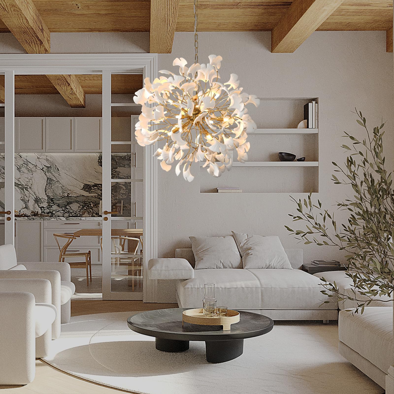 Gold Tree Branches Chandeliers for Dining Room, Sputnik Chandelier, 23.6''Modern Rounde Ceramic Ginkgo Leaf Chandelier, Dining Room Chandelier Over Table, for Living, Foyer, Kitchen, Bathroom, Bedroom - Camilalamps - B0FKB8Z415