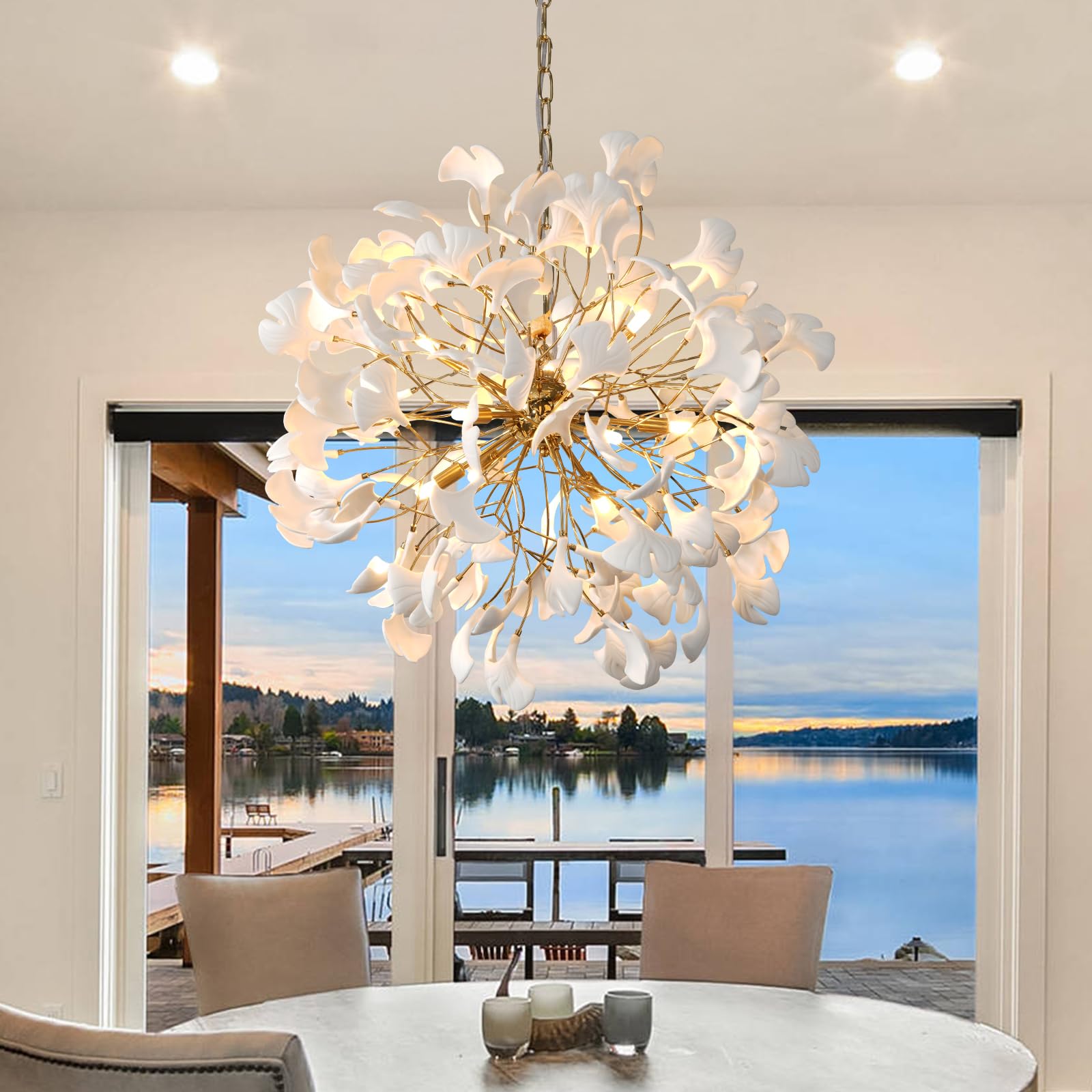 Gold Tree Branches Chandeliers for Dining Room, Sputnik Chandelier, 23.6''Modern Rounde Ceramic Ginkgo Leaf Chandelier, Dining Room Chandelier Over Table, for Living, Foyer, Kitchen, Bathroom, Bedroom - Camilalamps - B0FKB8Z415