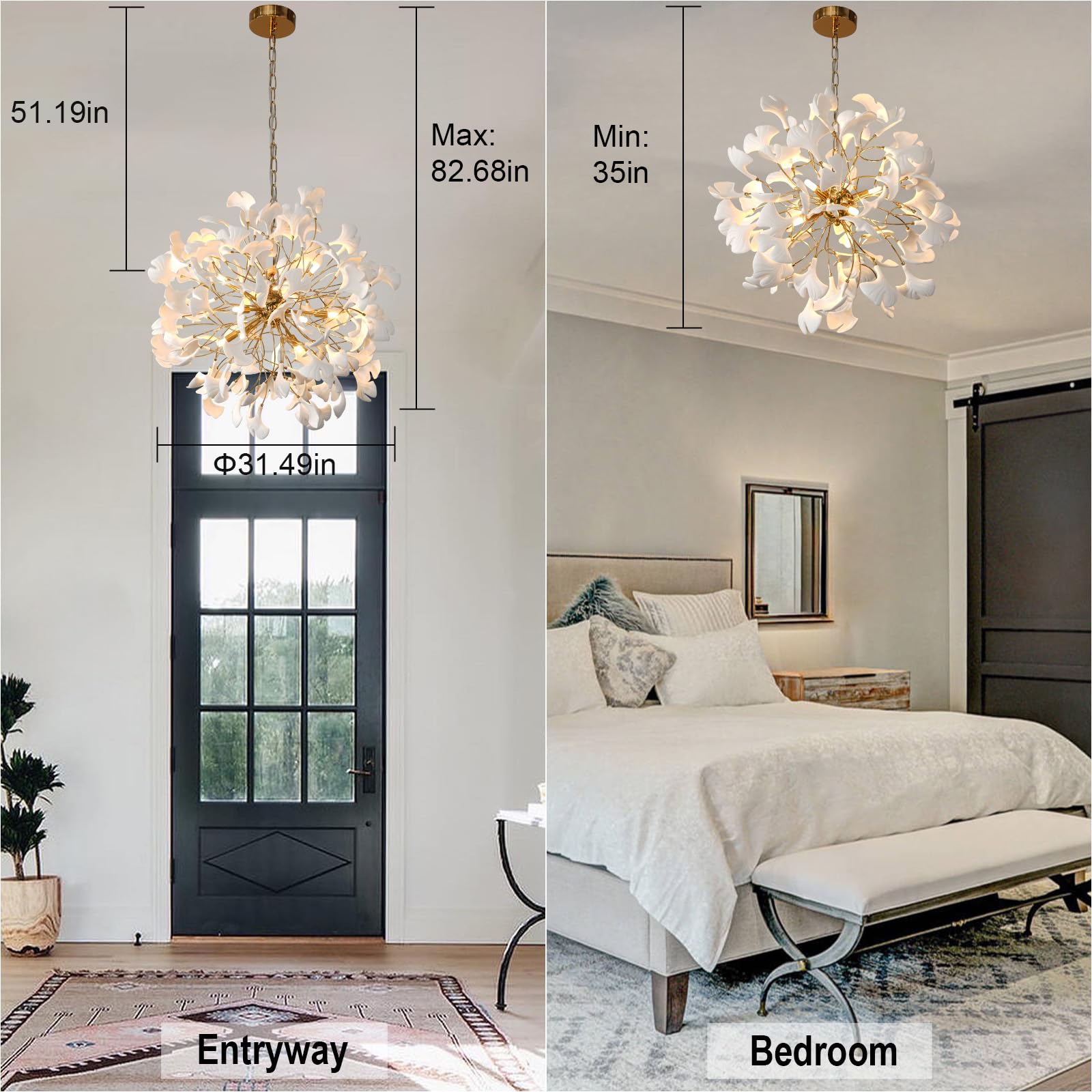 Gold Tree Branches Chandeliers for Dining Room, Sputnik Chandelier, 23.6''Modern Rounde Ceramic Ginkgo Leaf Chandelier, Dining Room Chandelier Over Table, for Living, Foyer, Kitchen, Bathroom, Bedroom - Camilalamps - B0FKB8Z415