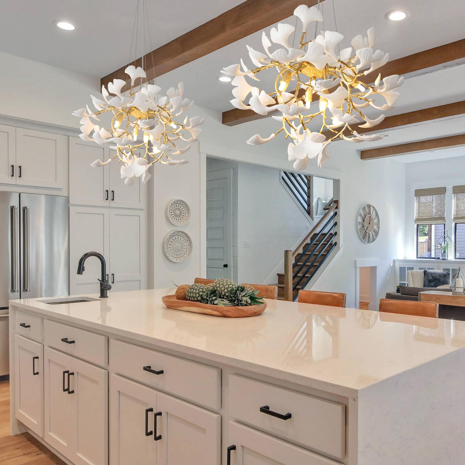 Gold Tree Branches Chandeliers for Dining Room, Sputnik Chandelier, 23.6''Modern Rounde Ceramic Ginkgo Leaf Chandelier, Dining Room Chandelier Over Table, for Living, Foyer, Kitchen, Bathroom, Bedroom - Camilalamps - B0FKB8Z415