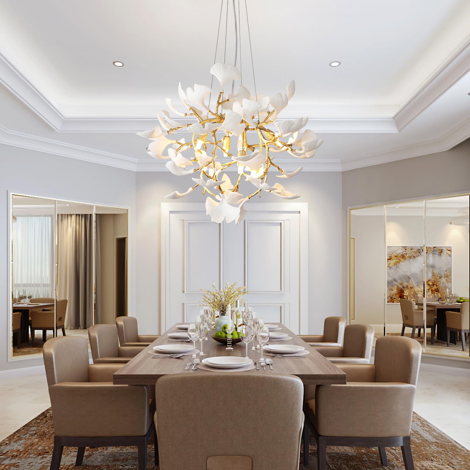 Gold Tree Branches Chandeliers for Dining Room, Sputnik Chandelier, 23.6''Modern Rounde Ceramic Ginkgo Leaf Chandelier, Dining Room Chandelier Over Table, for Living, Foyer, Kitchen, Bathroom, Bedroom - Camilalamps - B0FKB8Z415