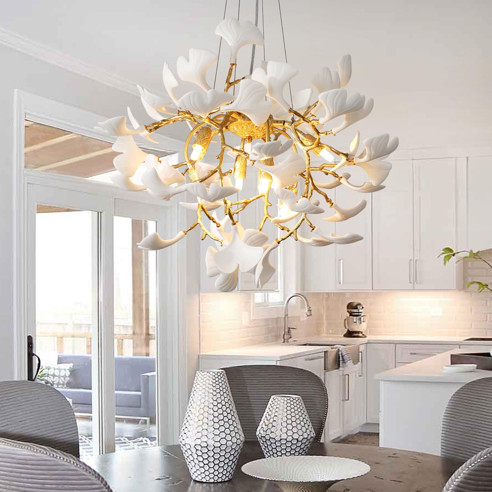 Gold Tree Branches Chandeliers for Dining Room, Sputnik Chandelier, 23.6''Modern Rounde Ceramic Ginkgo Leaf Chandelier, Dining Room Chandelier Over Table, for Living, Foyer, Kitchen, Bathroom, Bedroom - Camilalamps - B0FKB8Z415