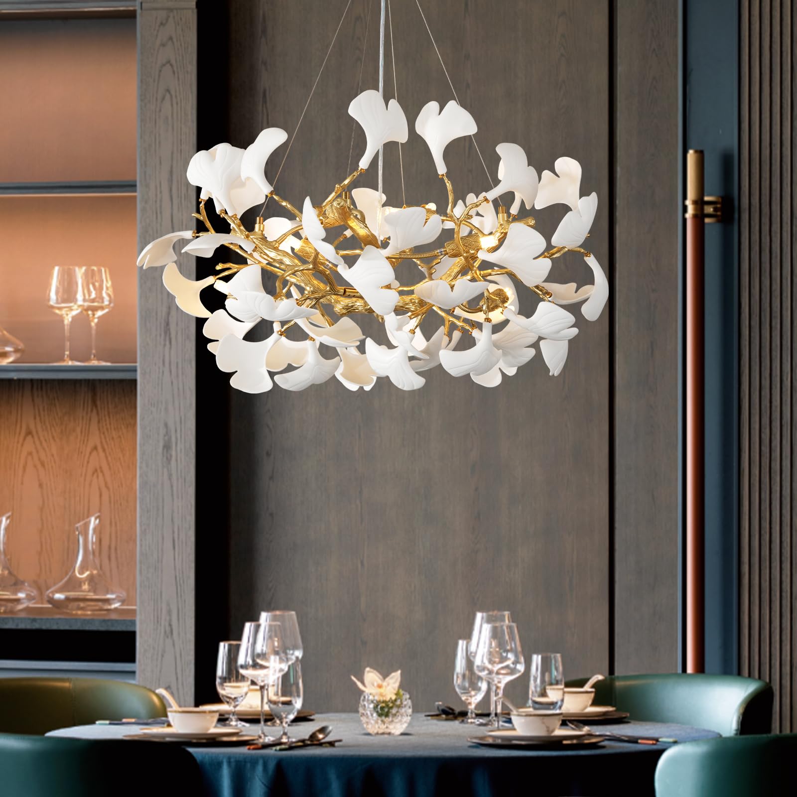 Gold Tree Branches Chandeliers for Dining Room, Sputnik Chandelier, 23.6''Modern Rounde Ceramic Ginkgo Leaf Chandelier, Dining Room Chandelier Over Table, for Living, Foyer, Kitchen, Bathroom, Bedroom - Camilalamps - B0FKB8Z415