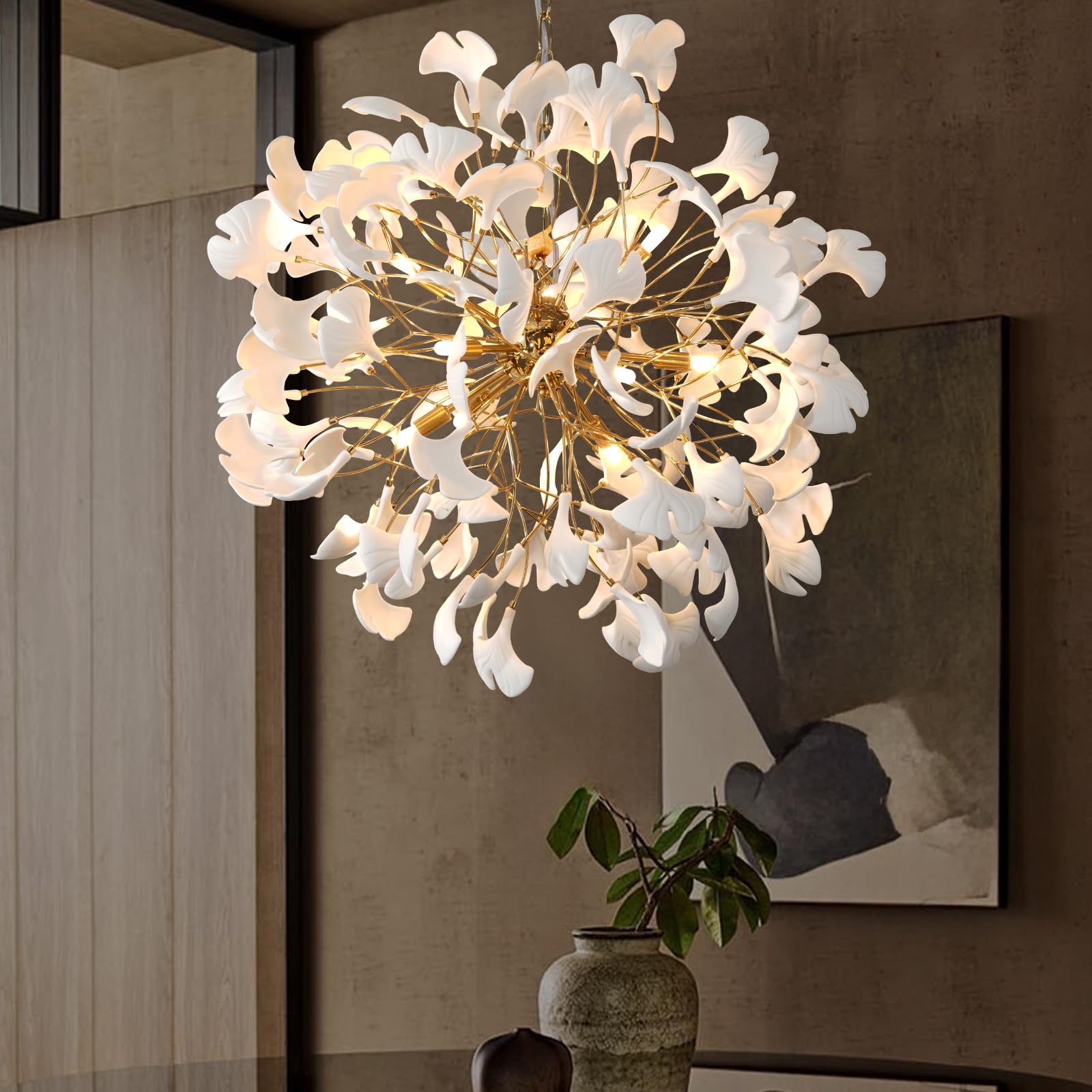 Gold Tree Branches Chandeliers for Dining Room, Sputnik Chandelier, 23.6''Modern Rounde Ceramic Ginkgo Leaf Chandelier, Dining Room Chandelier Over Table, for Living, Foyer, Kitchen, Bathroom, Bedroom - Camilalamps - B0FKBK4S2B