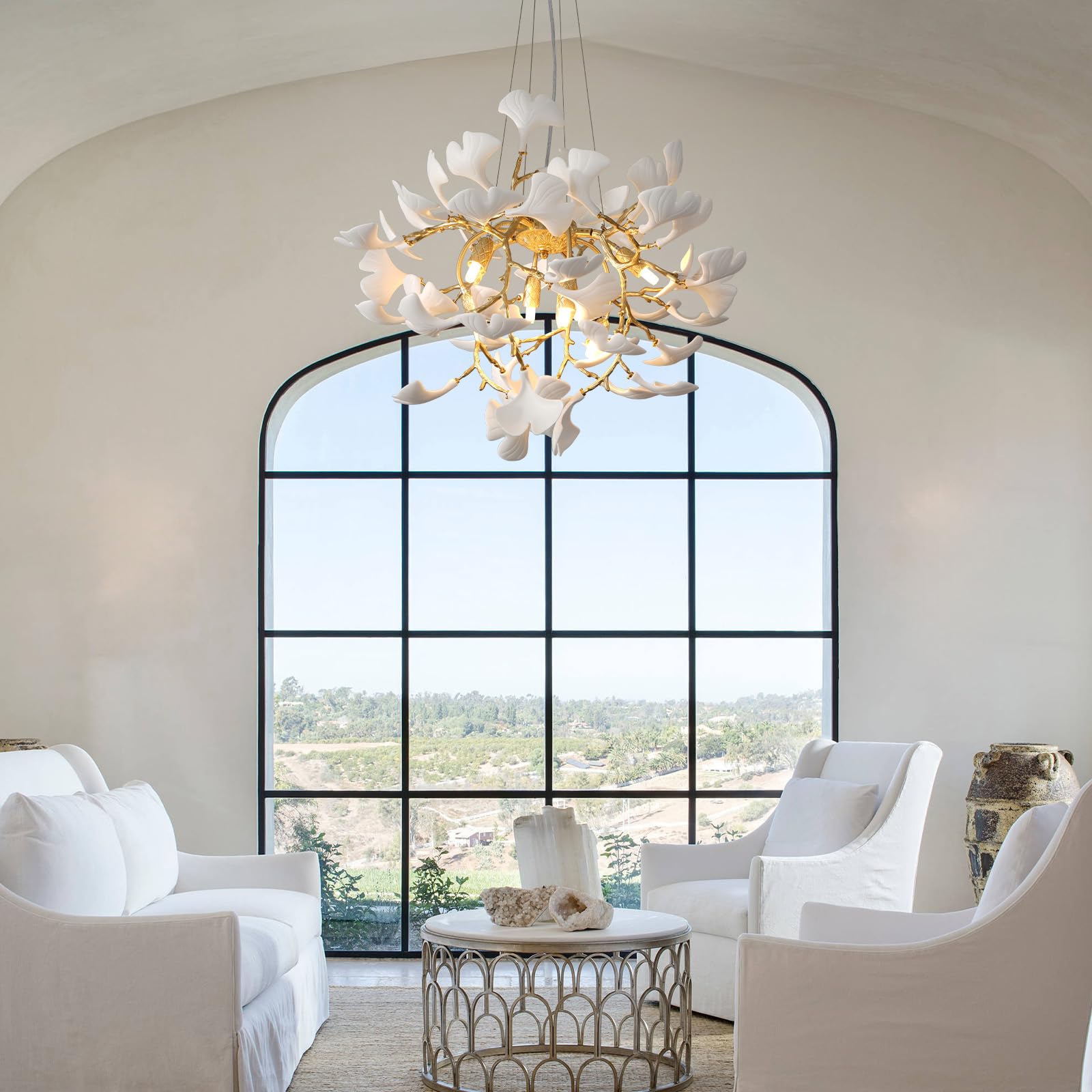 Gold Tree Branches Chandeliers for Dining Room, Sputnik Chandelier, 23.6''Modern Rounde Ceramic Ginkgo Leaf Chandelier, Dining Room Chandelier Over Table, for Living, Foyer, Kitchen, Bathroom, Bedroom - Camilalamps - B0FKB8Z415