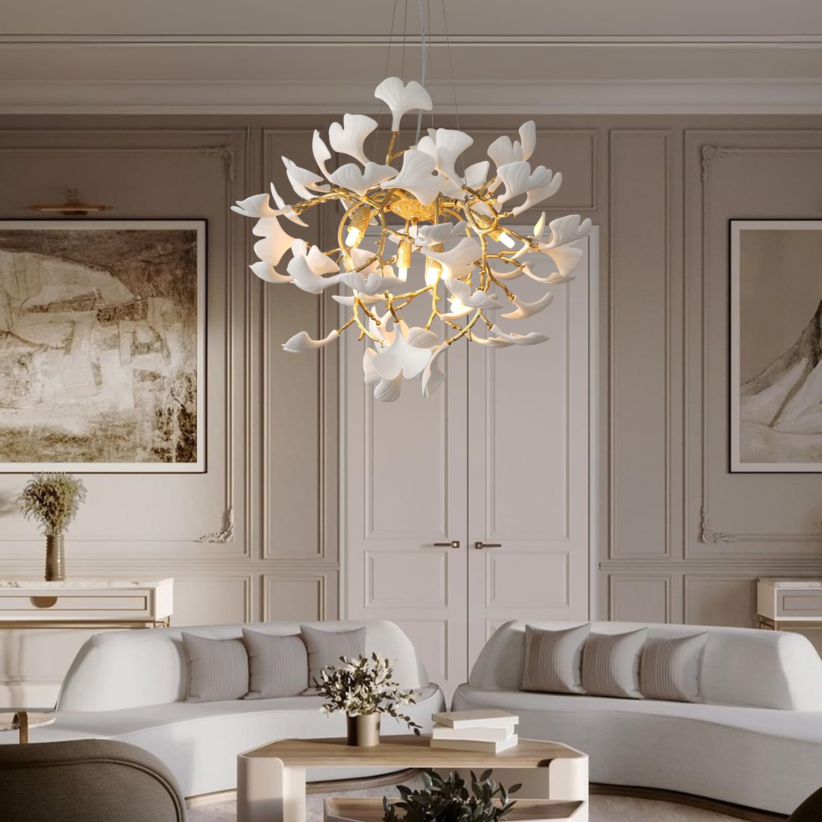 Gold Tree Branches Chandeliers for Dining Room, Sputnik Chandelier, 23.6''Modern Rounde Ceramic Ginkgo Leaf Chandelier, Dining Room Chandelier Over Table, for Living, Foyer, Kitchen, Bathroom, Bedroom - Camilalamps - B0FKB8Z415