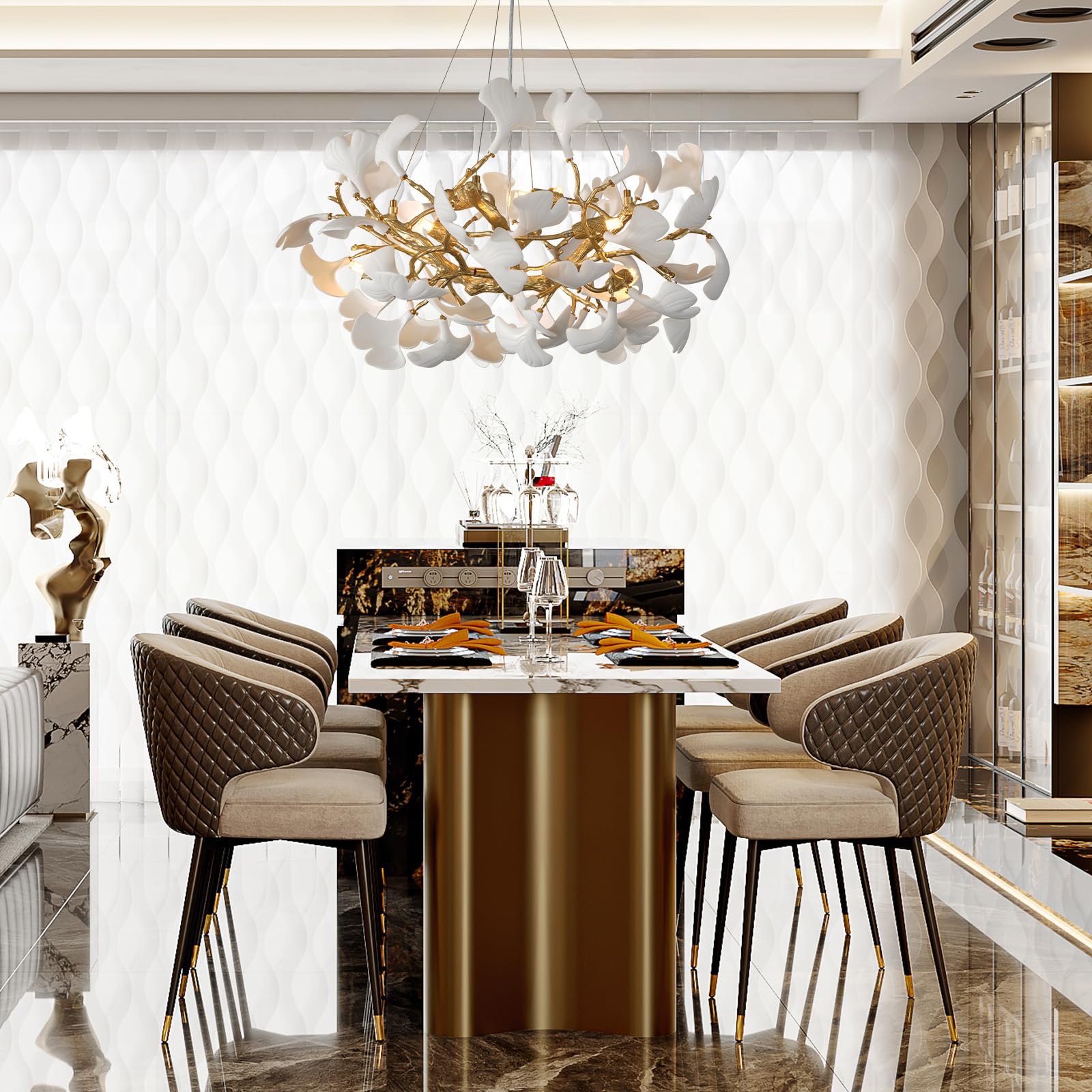 Gold Tree Branches Chandeliers for Dining Room, Sputnik Chandelier, 23.6''Modern Rounde Ceramic Ginkgo Leaf Chandelier, Dining Room Chandelier Over Table, for Living, Foyer, Kitchen, Bathroom, Bedroom - Camilalamps - B0FKB8Z415