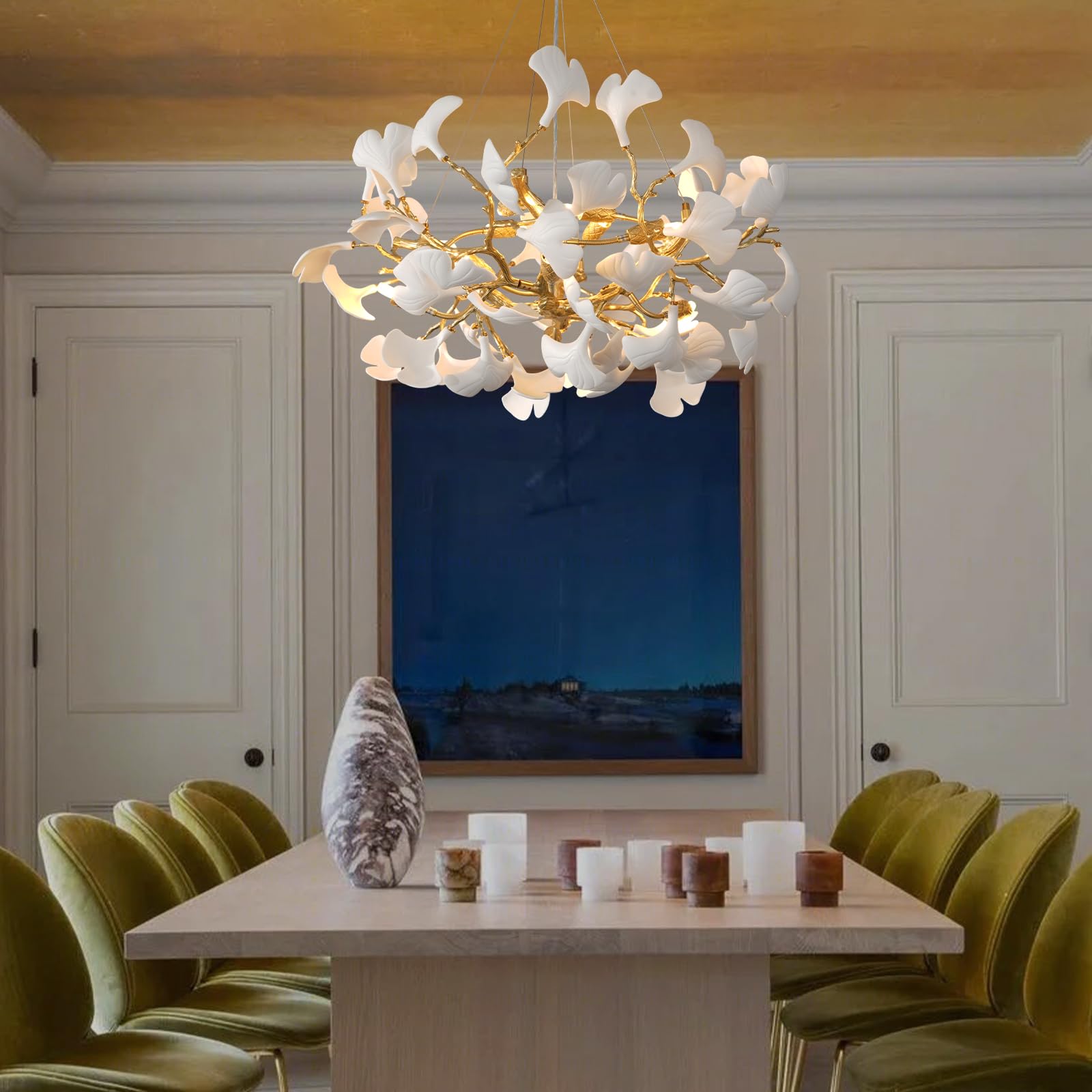 Gold Tree Branches Chandeliers for Dining Room, Sputnik Chandelier, 23.6''Modern Rounde Ceramic Ginkgo Leaf Chandelier, Dining Room Chandelier Over Table, for Living, Foyer, Kitchen, Bathroom, Bedroom - Camilalamps - B0FKB8Z415