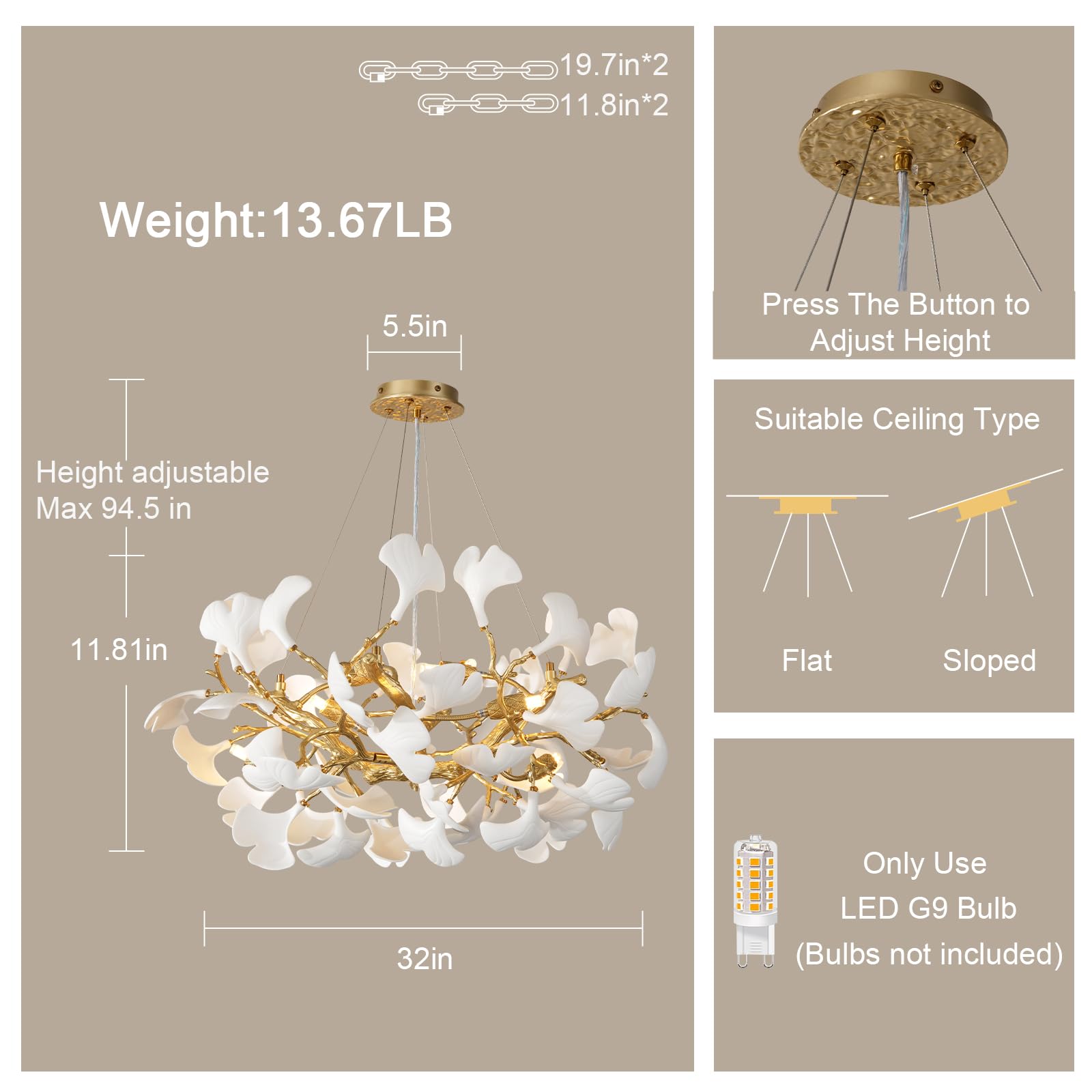 Gold Tree Branches Chandeliers for Dining Room, Sputnik Chandelier, 23.6''Modern Rounde Ceramic Ginkgo Leaf Chandelier, Dining Room Chandelier Over Table, for Living, Foyer, Kitchen, Bathroom, Bedroom - Camilalamps - B0FKB8Z415