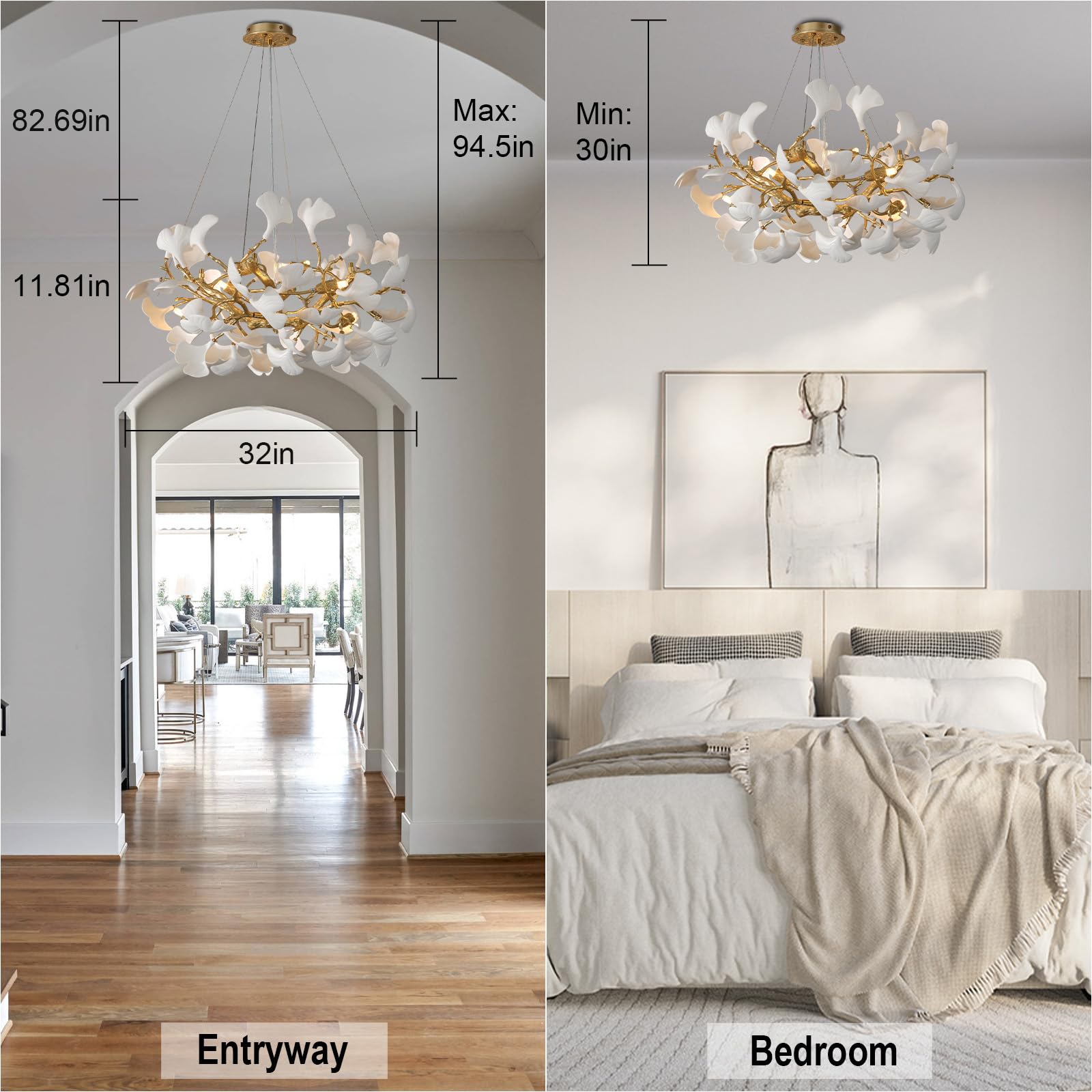 Gold Tree Branches Chandeliers for Dining Room, Sputnik Chandelier, 23.6''Modern Rounde Ceramic Ginkgo Leaf Chandelier, Dining Room Chandelier Over Table, for Living, Foyer, Kitchen, Bathroom, Bedroom - Camilalamps - B0FKB8Z415