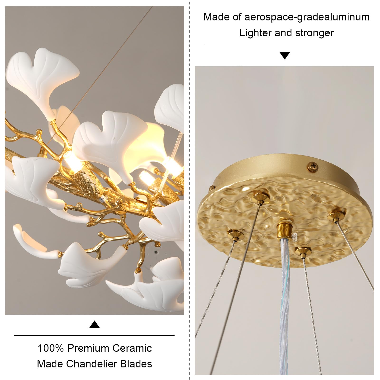 Gold Tree Branches Chandeliers for Dining Room, Sputnik Chandelier, 23.6''Modern Rounde Ceramic Ginkgo Leaf Chandelier, Dining Room Chandelier Over Table, for Living, Foyer, Kitchen, Bathroom, Bedroom - Camilalamps - B0FKB8Z415