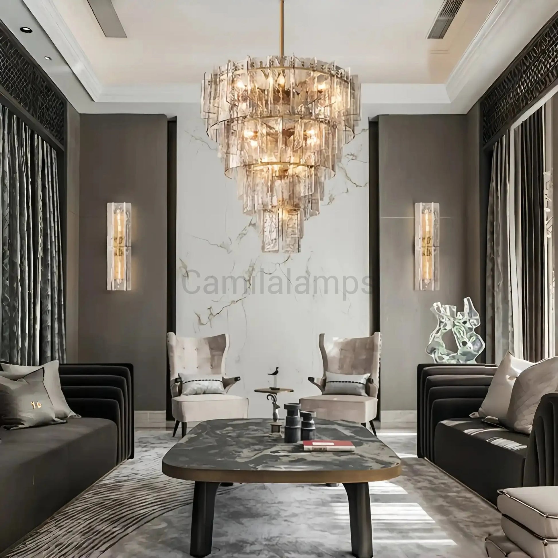 Lattic Glass Tiered Round Chandelier 36'' 47'' - Camilalamps - CA-Lattic-TRound-4