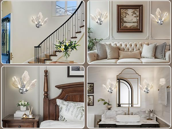 LED Wall Sconces, Modern Gold Wall Lighting, Leaf Crystal Wall Lights w/Dim, Sconces Wall Lighting for Living Room Vanity Wall Mount Lamps Fixtures for Bathroom Hallway, Living Room, Stairs - Camilalamps - B0DPWS1BNP