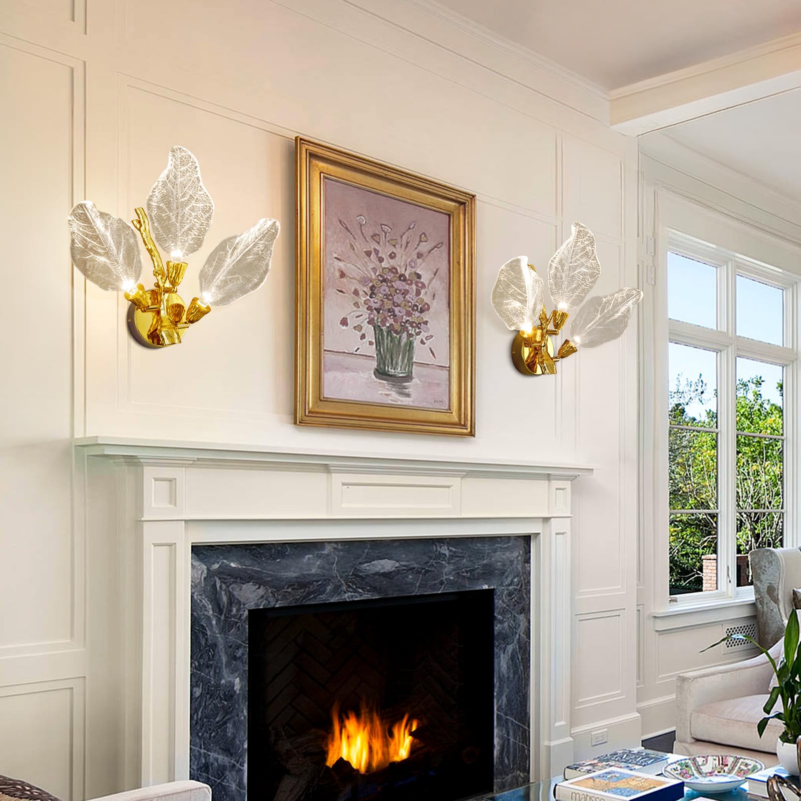 LED Wall Sconces, Modern Gold Wall Lighting, Leaf Crystal Wall Lights w/Dim, Sconces Wall Lighting for Living Room Vanity Wall Mount Lamps Fixtures for Bathroom Hallway, Living Room, Stairs - Camilalamps - B0DPWS1BNP