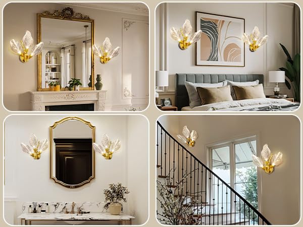 LED Wall Sconces, Modern Gold Wall Lighting, Leaf Crystal Wall Lights w/Dim, Sconces Wall Lighting for Living Room Vanity Wall Mount Lamps Fixtures for Bathroom Hallway, Living Room, Stairs - Camilalamps - B0DPWS1BNP