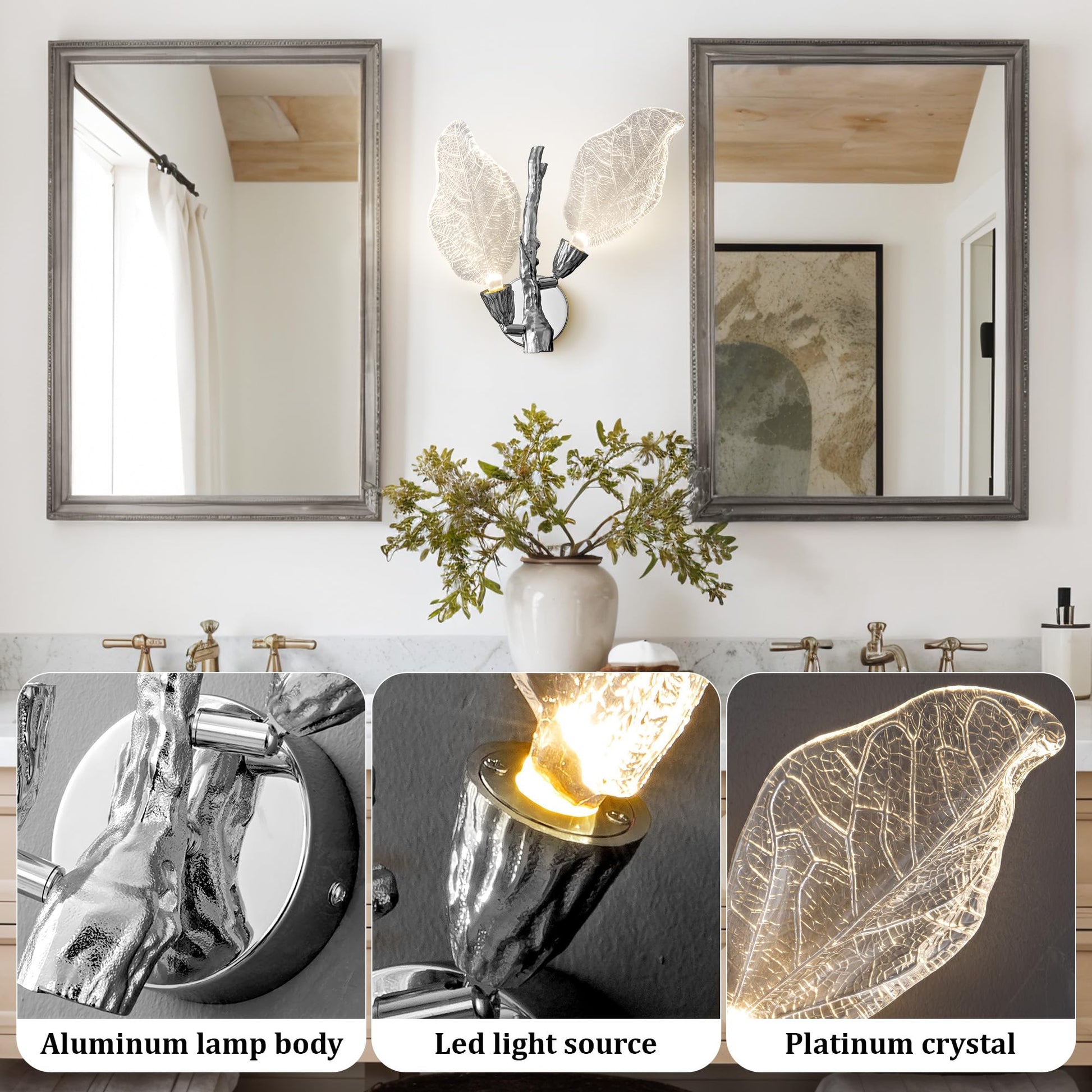 LED Wall Sconces, Modern Gold Wall Lighting, Leaf Crystal Wall Lights w/Dim, Sconces Wall Lighting for Living Room Vanity Wall Mount Lamps Fixtures for Bathroom Hallway, Living Room, Stairs - Camilalamps - B0DPWS1BNP