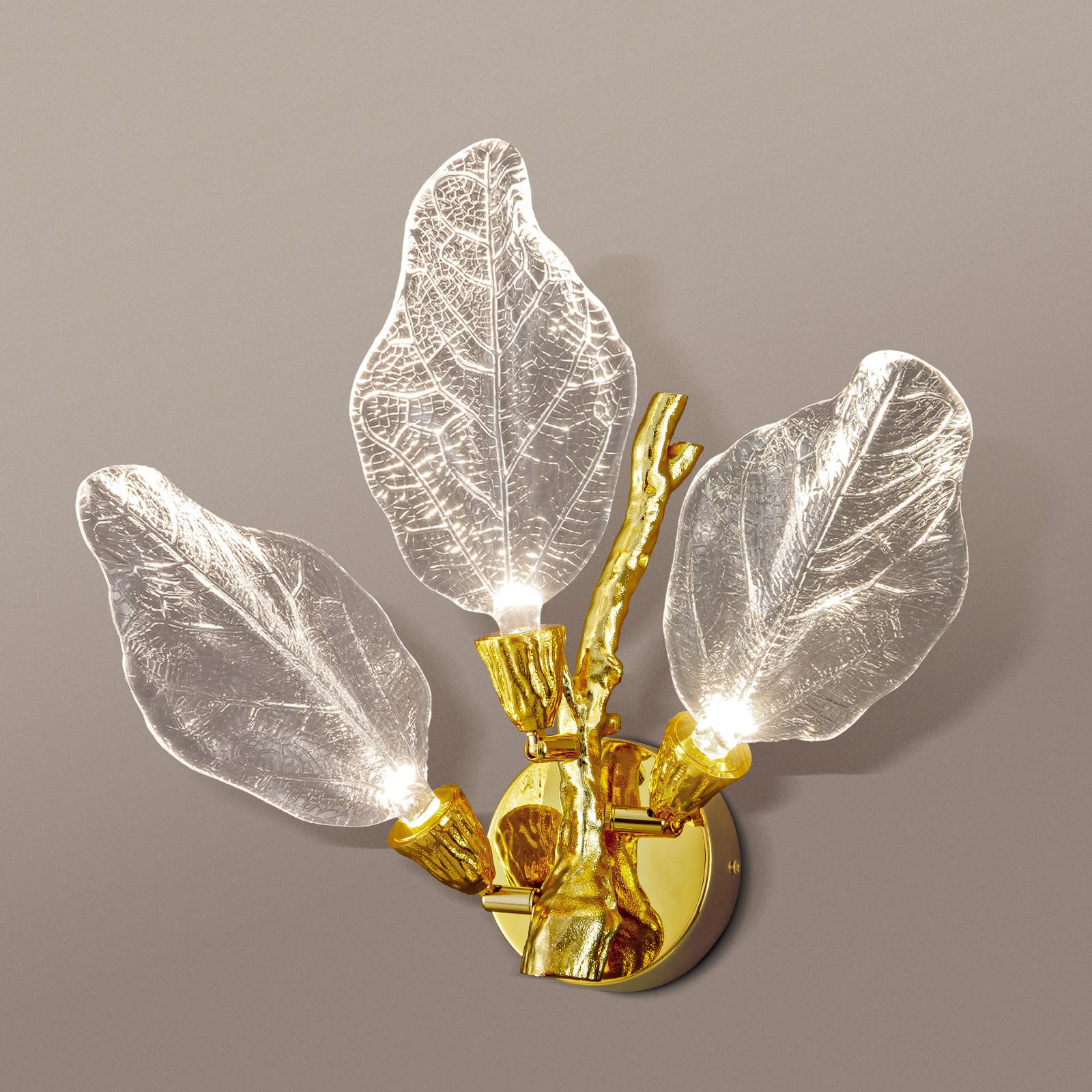 LED Wall Sconces, Modern Gold Wall Lighting, Leaf Crystal Wall Lights w/Dim, Sconces Wall Lighting for Living Room Vanity Wall Mount Lamps Fixtures for Bathroom Hallway, Living Room, Stairs - Camilalamps - B0DT5PSW63