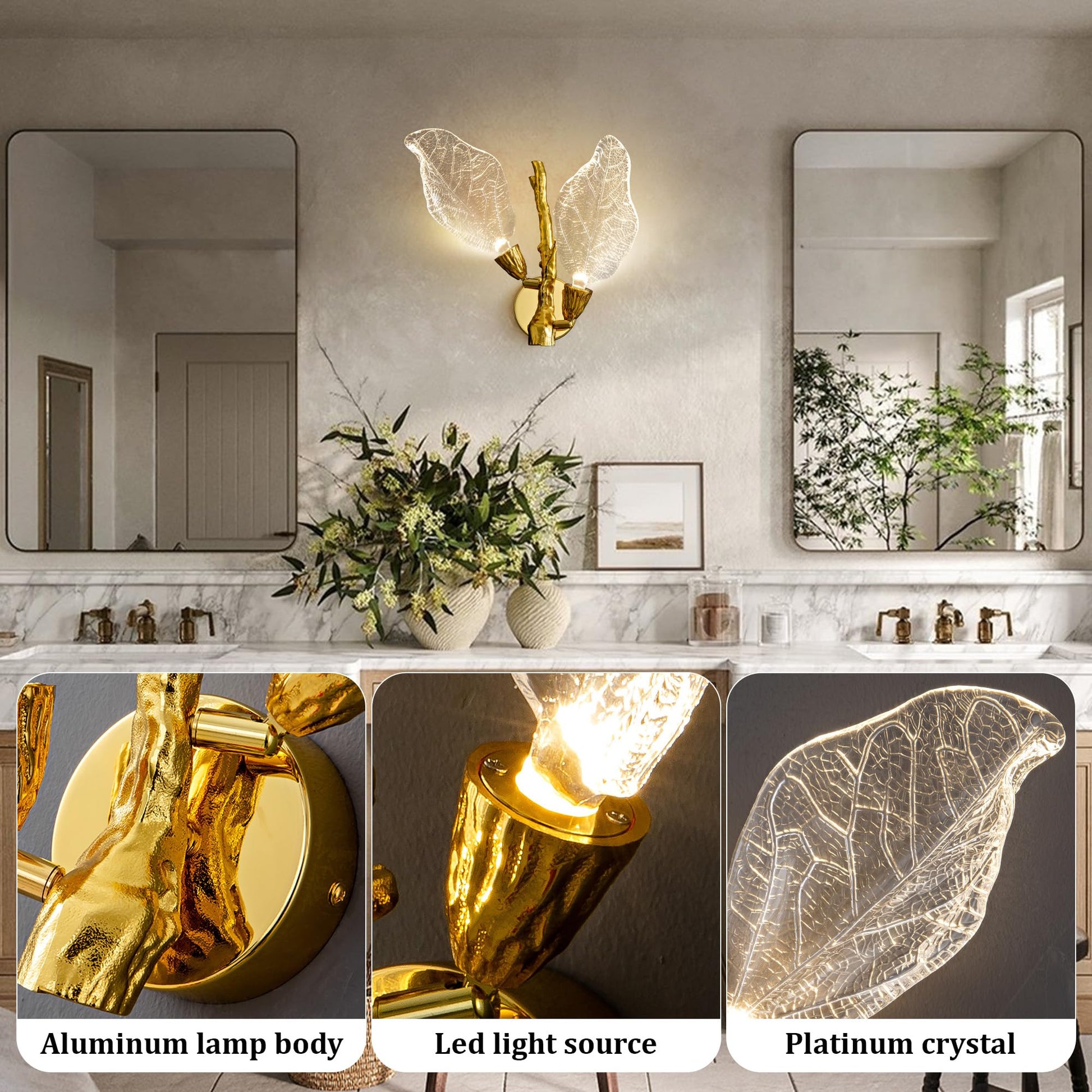 LED Wall Sconces, Modern Gold Wall Lighting, Leaf Crystal Wall Lights w/Dim, Sconces Wall Lighting for Living Room Vanity Wall Mount Lamps Fixtures for Bathroom Hallway, Living Room, Stairs - Camilalamps - B0DPWS1BNP