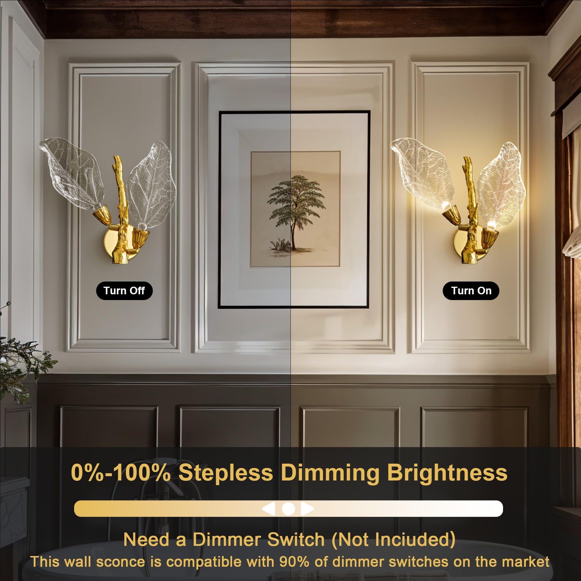 LED Wall Sconces, Modern Gold Wall Lighting, Leaf Crystal Wall Lights w/Dim, Sconces Wall Lighting for Living Room Vanity Wall Mount Lamps Fixtures for Bathroom Hallway, Living Room, Stairs - Camilalamps - B0DPWS1BNP