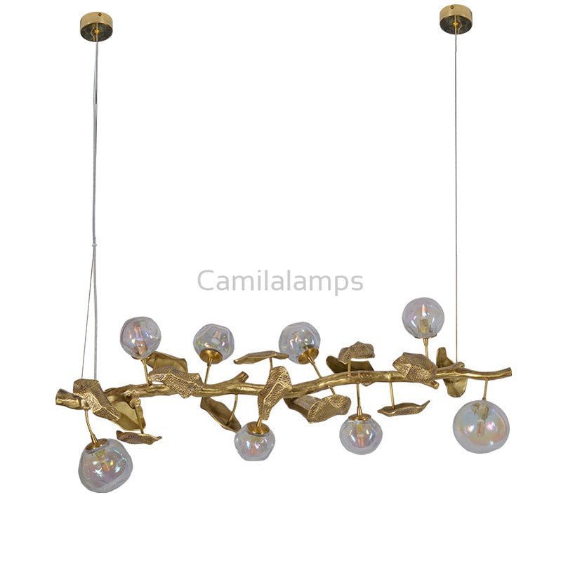 Long Organic Glass Bubble Brass Leaves Branch Chandelier 59" L - Camilalamps - SID - 1006