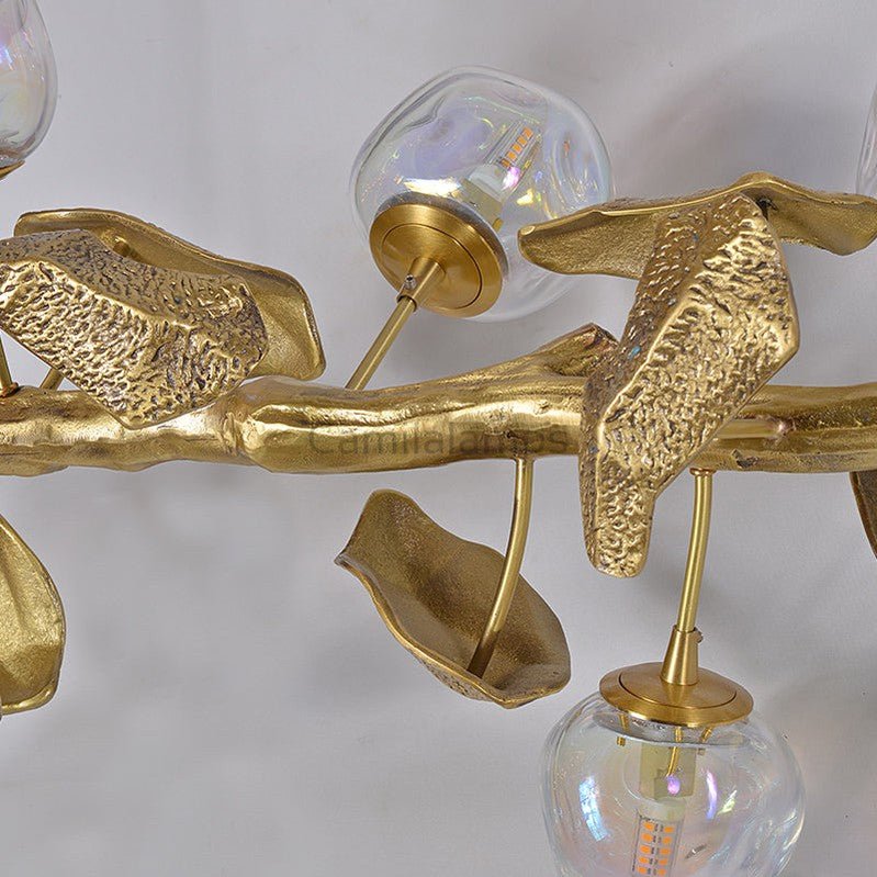 Long Organic Glass Bubble Brass Leaves Branch Chandelier 59" L - Camilalamps - SID - 1006