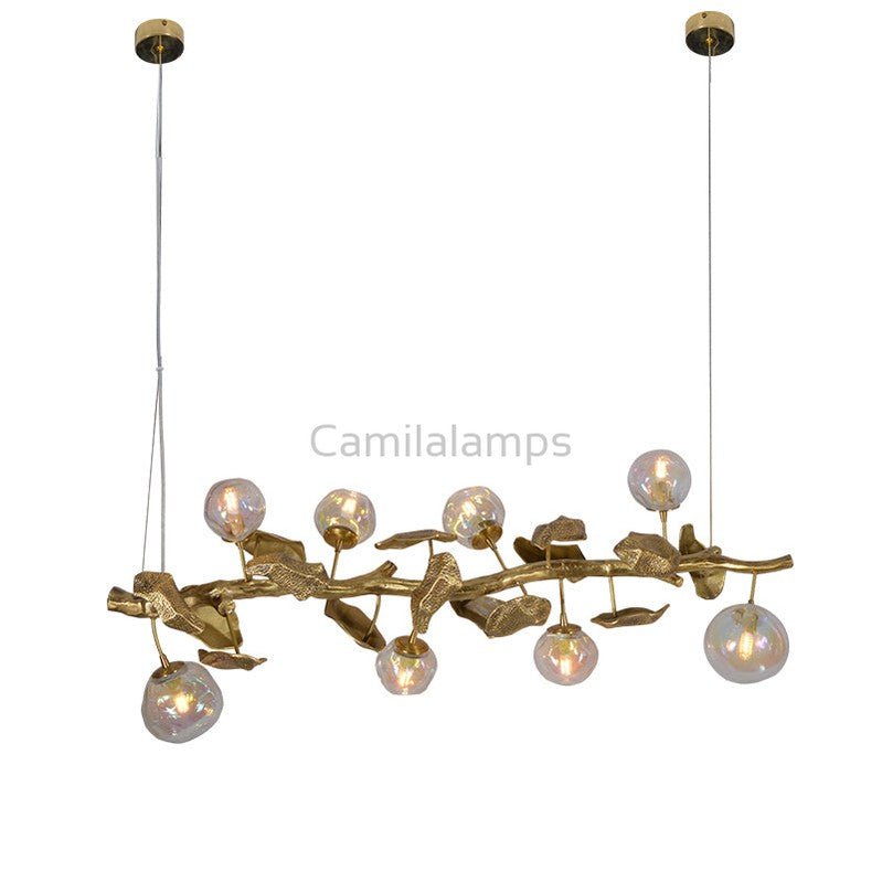 Long Organic Glass Bubble Brass Leaves Branch Chandelier 59" L - Camilalamps - SID - 1006