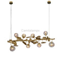 Long Organic Glass Bubble Brass Leaves Branch Chandelier 59
